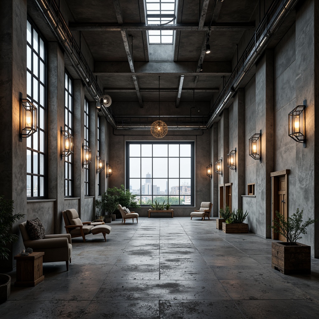 Prompt: Industrial brutalist building, exposed concrete walls, rugged stone floors, metallic beams, minimalist decor, dramatic high ceilings, unique pendant lights, geometric chandeliers, industrial-style sconces, Edison bulb fixtures, natural light pouring through large windows, urban cityscape views, gloomy overcast day, harsh shadows, 1/1 composition, symmetrical framing, realistic textures, ambient occlusion.