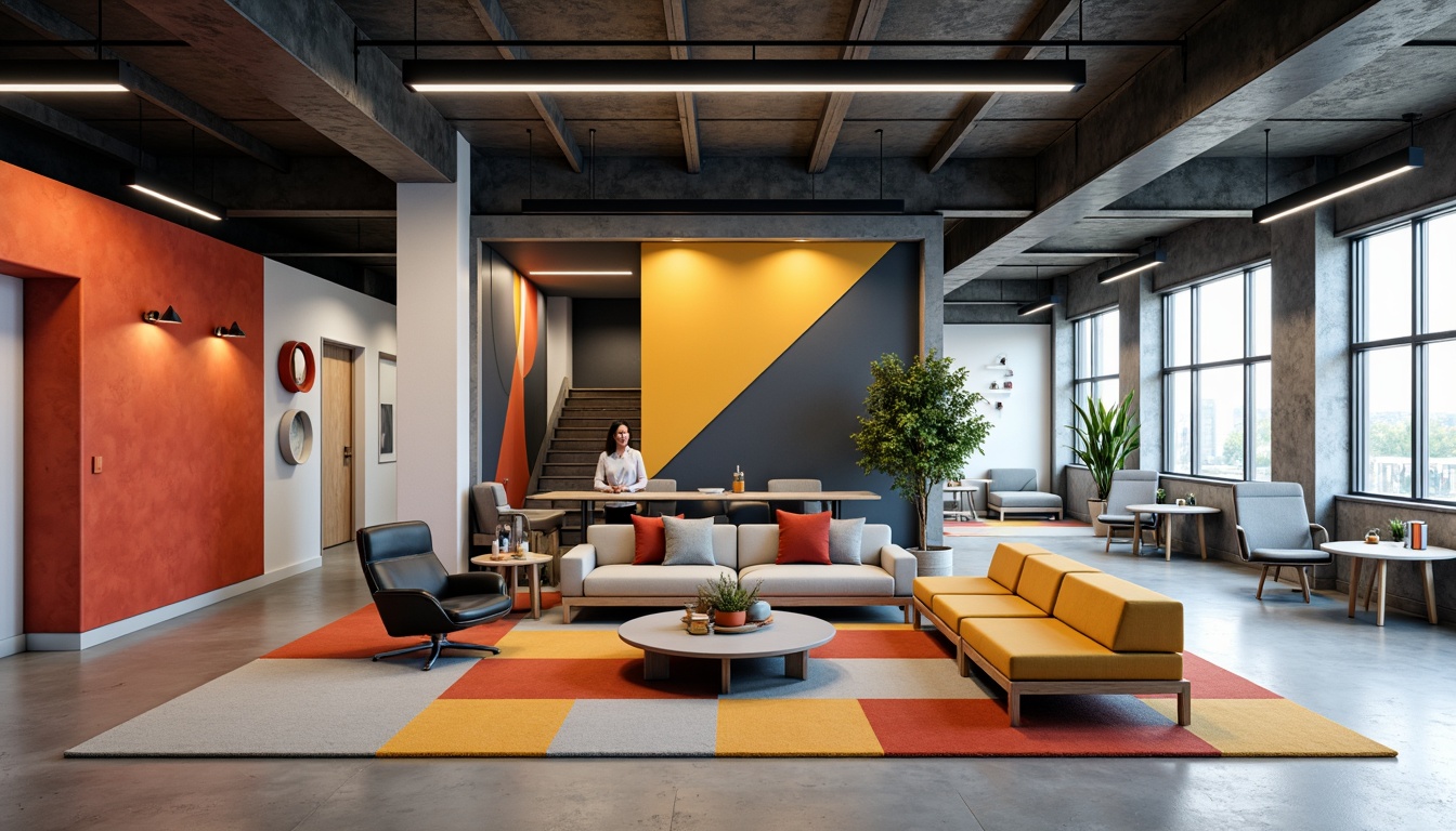 Prompt: Modernist interior, modular furniture, geometric shapes, primary colors, industrial materials, steel beams, concrete floors, minimalist decor, functional lighting, open floor plans, movable partitions, adaptable spaces, collaborative workspaces, futuristic ambiance, softbox lighting, shallow depth of field, 1/1 composition, symmetrical framing, bold typography, sans-serif fonts.