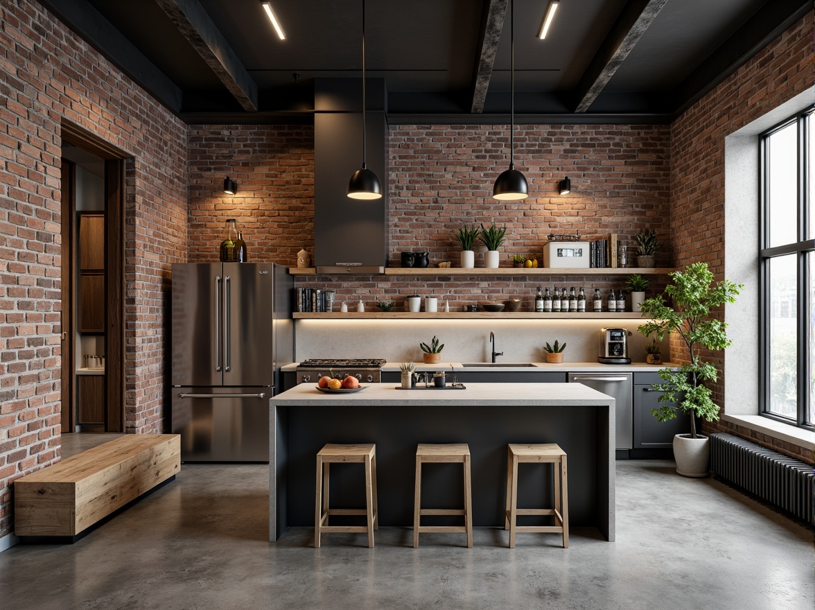 Prompt: Industrial kitchen, exposed brick walls, polished concrete floors, metal beams, minimalist decor, functional layout, reclaimed wood accents, Edison bulb lighting, stainless steel appliances, raw edges, natural textures, urban aesthetic, open shelving, industrial-style stools, pendant lamps, concrete countertops, monochromatic color scheme, high ceilings, abundant natural light, soft shadows, 3/4 composition, atmospheric depth of field.