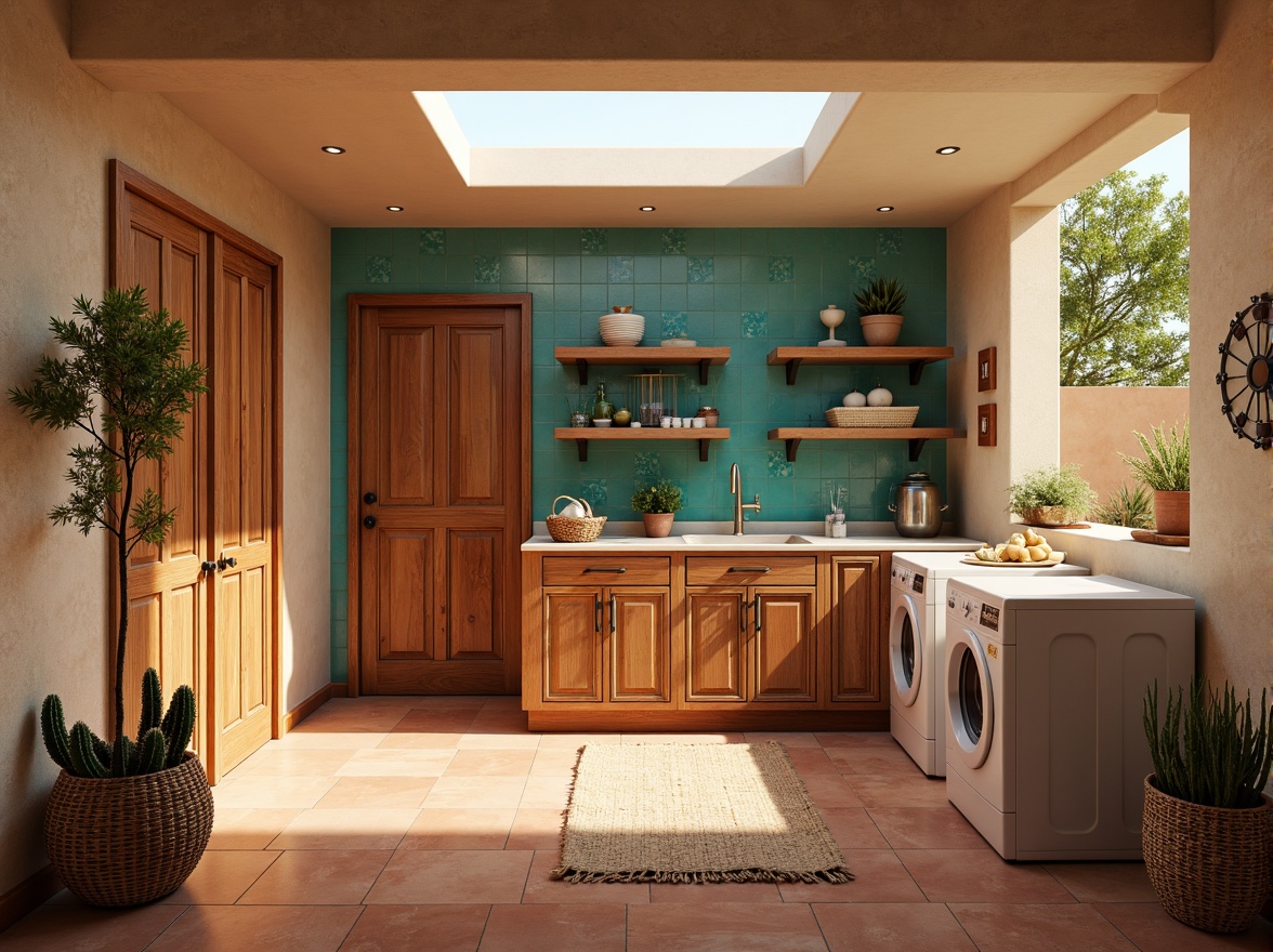 Prompt: Southwestern-style laundry room, terracotta tile flooring, earthy tones, warm beige walls, wooden cabinetry, rustic metal accents, vibrant turquoise decorative tiles, woven basket storage, natural fiber rugs, potted cacti plants, bright skylight, soft warm lighting, 1/1 composition, realistic textures, ambient occlusion.