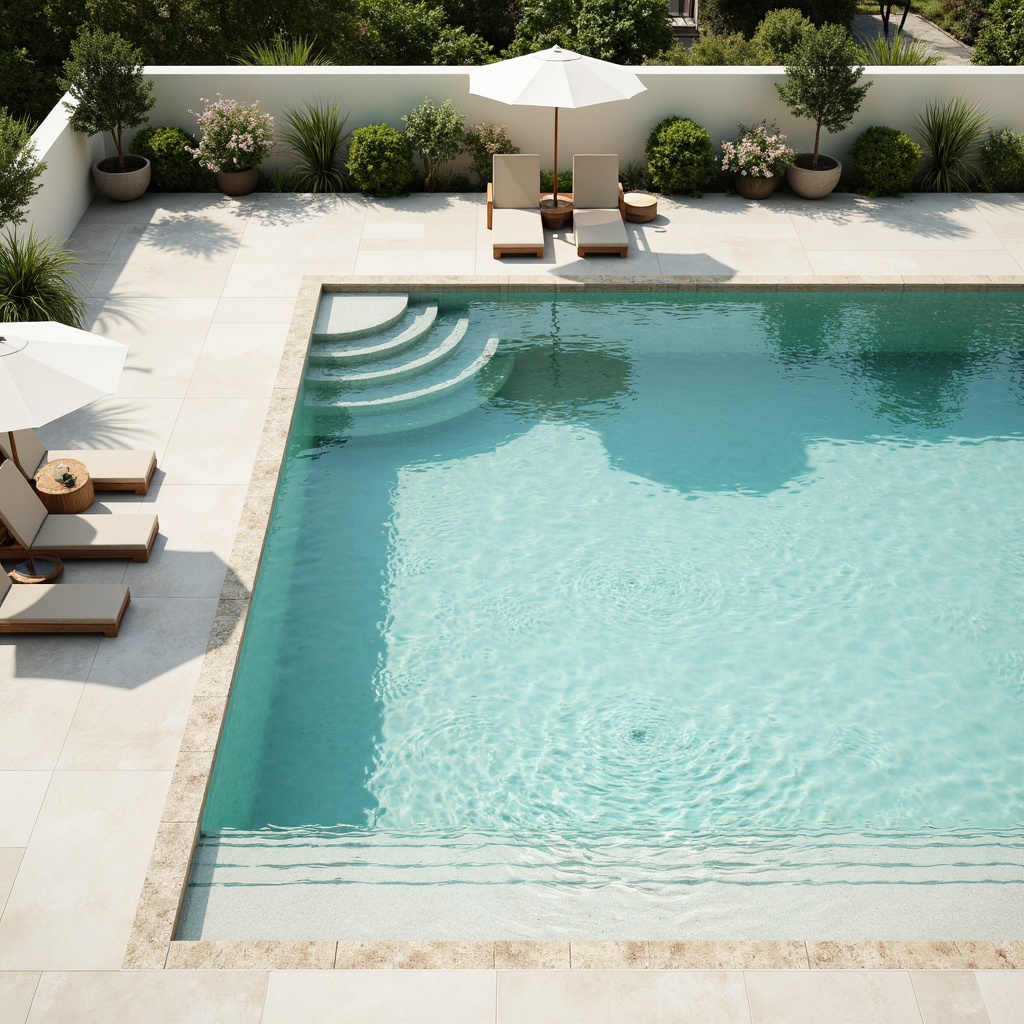 Prompt: Calming swimming pool, minimalistic design, soft blue waters, gentle ripples, clean lines, simple architecture, rectangular shapes, sleek concrete surfaces, subtle textures, pastel color palette, creamy whites, pale blues, minty greens, warm beige tones, natural stone coping, modern pool furniture, minimalist lounge chairs, parasol umbrellas, sunny day, soft diffused lighting, shallow depth of field, 1/2 composition, serene atmosphere.