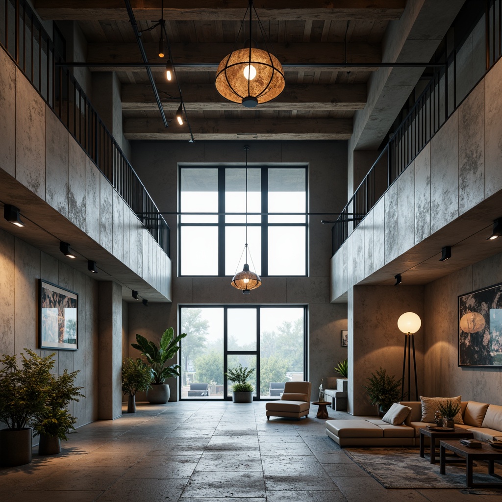 Prompt: Industrial brutalist building, exposed concrete walls, rugged stone floors, minimalist decor, dramatic high ceilings, unique pendant lamps, geometric metal shades, reclaimed wood accents, industrial-style metal beams, oversized windows, natural light pouring in, soft warm glow, moody ambient lighting, 3/4 composition, low-angle shot, realistic textures, atmospheric fog.