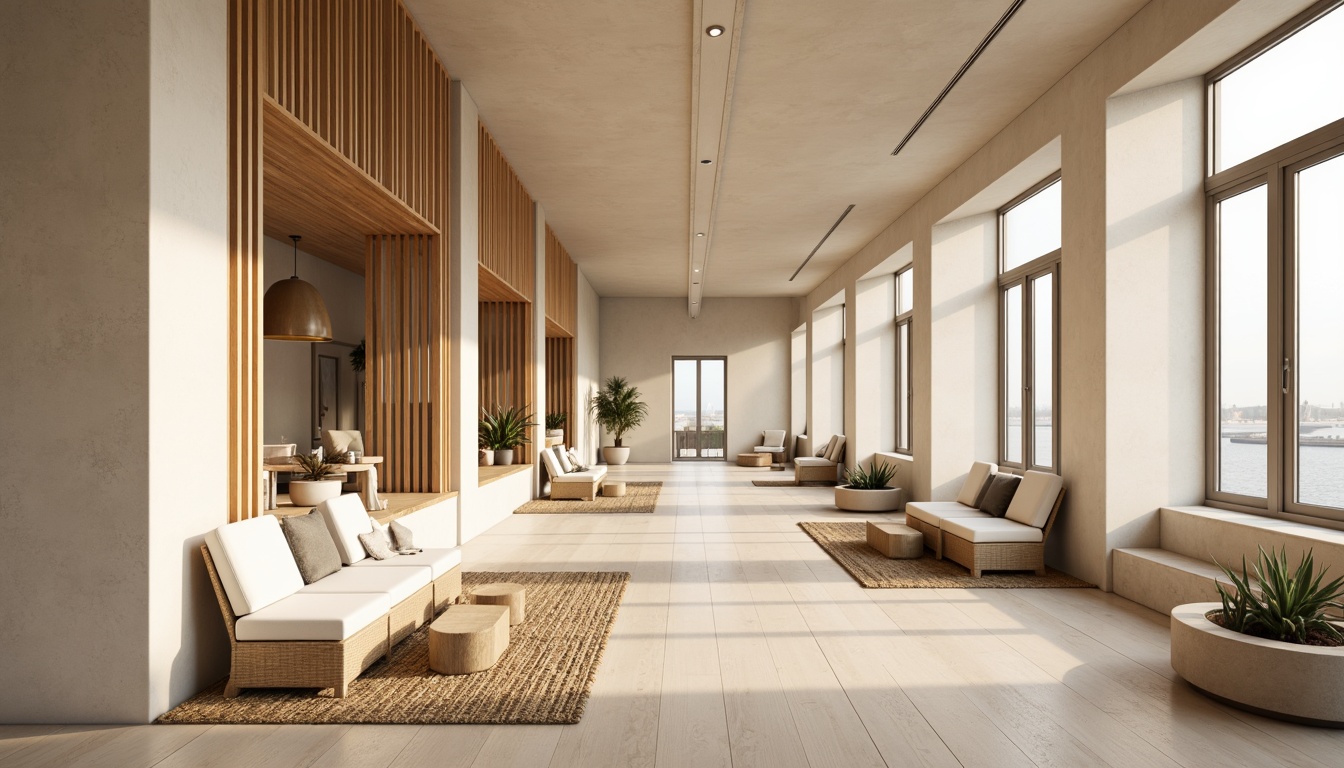 Prompt: Minimalist hall, light wood tones, natural textures, woven rugs, sleek sofas, low-profile coffee tables, pendant lamps, floor-to-ceiling windows, cozy reading nooks, soft pastel colors, calming atmosphere, warm beige walls, pale oak flooring, geometric patterns, minimalist decor, Scandinavian-inspired accents, functional simplicity, 1/1 composition, softbox lighting, subtle shadows, realistic wood textures.