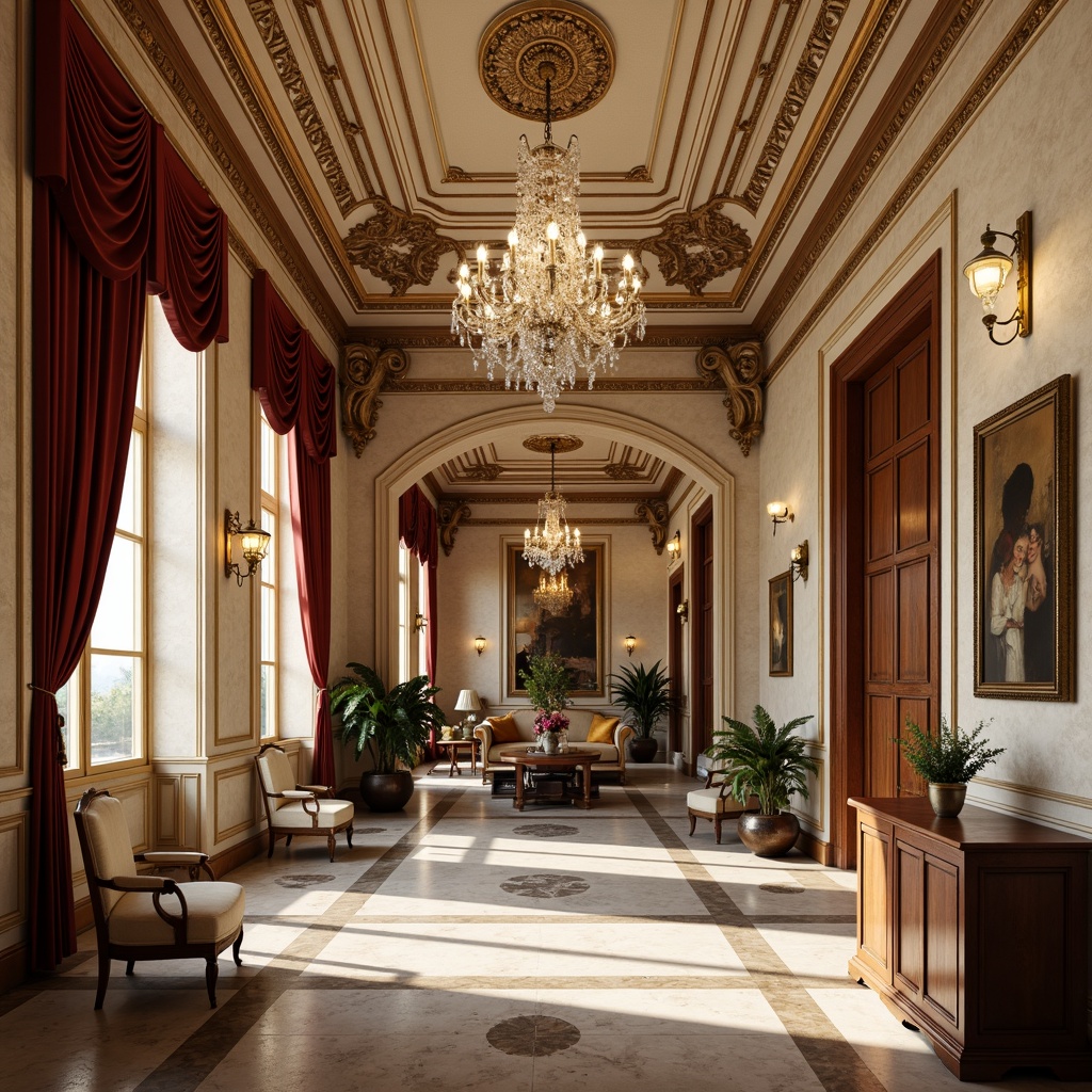 Prompt: Intricate moldings, ornate details, luxurious classicism style apartments, high ceilings, grand entrances, marble floors, crystal chandeliers, velvet drapes, rich wood paneling, carved furniture, soft golden lighting, warm neutral tones, subtle texture variations, shallow depth of field, 1/1 composition, realistic renderings, ambient occlusion.