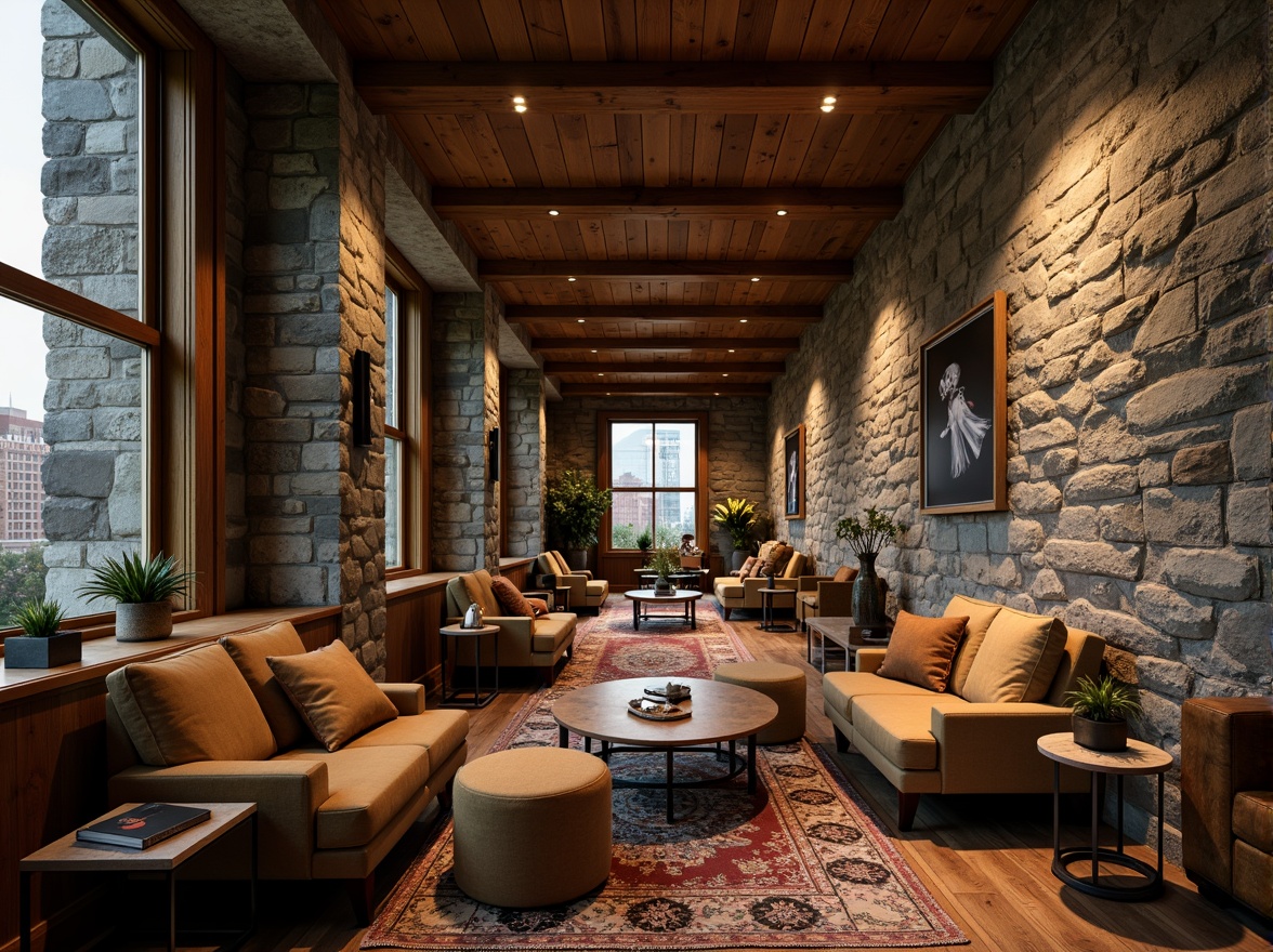 Prompt: Richly textured stone walls, distressed wood accents, metallic surfaces with subtle scratches, soft suede upholstery, intricately patterned rugs, warm ambient lighting, cozy reading nooks, earthy color palette, natural materials, organic shapes, 3D modeled architecture, atmospheric perspective, cinematic composition, high-contrast ratio, dramatic shadows, realistic reflections.