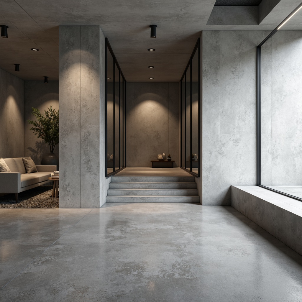 Prompt: Minimalist interior, sleek walls, matte finishes, soft grey tones, industrial chic concrete, polished metal accents, reflective glass surfaces, subtle texture variations, ambient lighting effects, 1/1 composition, shallow depth of field, realistic material simulations.