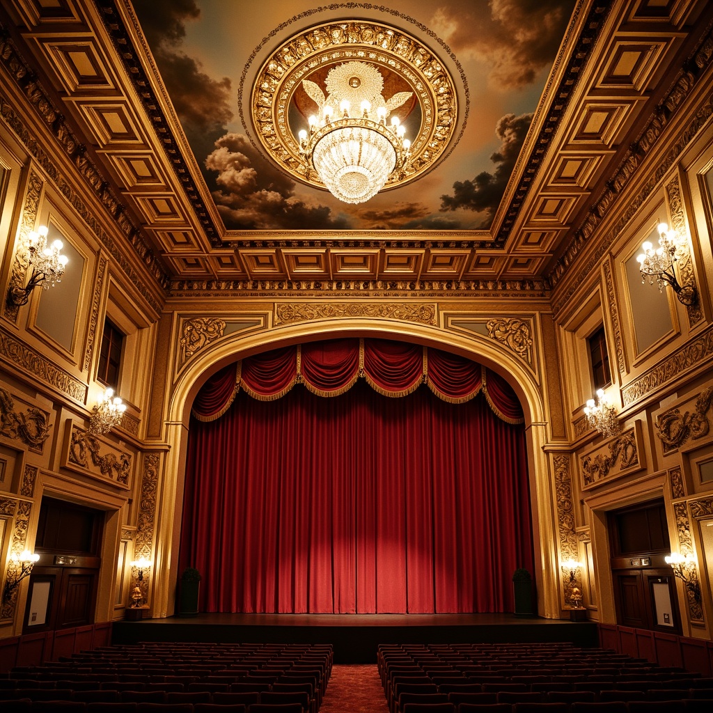 Prompt: Ornate auditorium ceiling, Rococo style, gold leaf details, intricate moldings, crystal chandeliers, plush red velvet drapes, ornamental medallions, gilded frames, Baroque-inspired carvings, lavish frescoes, grandiose scale, opulent ornamentation, dramatic lighting effects, warm golden illumination, shallow depth of field, 1/2 composition, symmetrical layout, realistic textures, ambient occlusion.