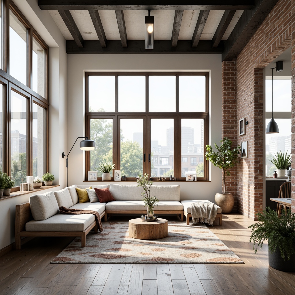 Prompt: Minimalist loft interior, Scandinavian design aesthetic, open-plan living space, high ceilings, wooden floors, white walls, floor-to-ceiling windows, natural light pouring in, cozy reading nooks, plush throw blankets, industrial metal beams, exposed brick walls, reclaimed wood accents, modern sectional sofas, geometric patterned rugs, pendant light fixtures, greenery-filled planters, airy atmosphere, warm neutral color palette, soft box lighting, shallow depth of field, 3/4 composition, realistic textures.