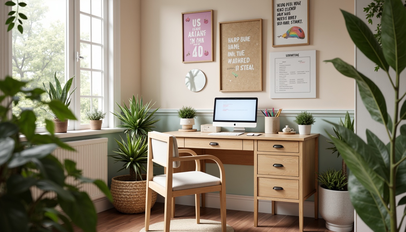 Prompt: Cozy study nook, warm wooden desk, comfortable cushioned chair, soft pastel colors, whimsical wall art, motivational quotes, educational charts, colorful pens, creative bulletin board, natural plants, soothing greenery, calm ambiance, gentle indirect lighting, 3/4 composition, shallow depth of field, realistic textures, ambient occlusion.