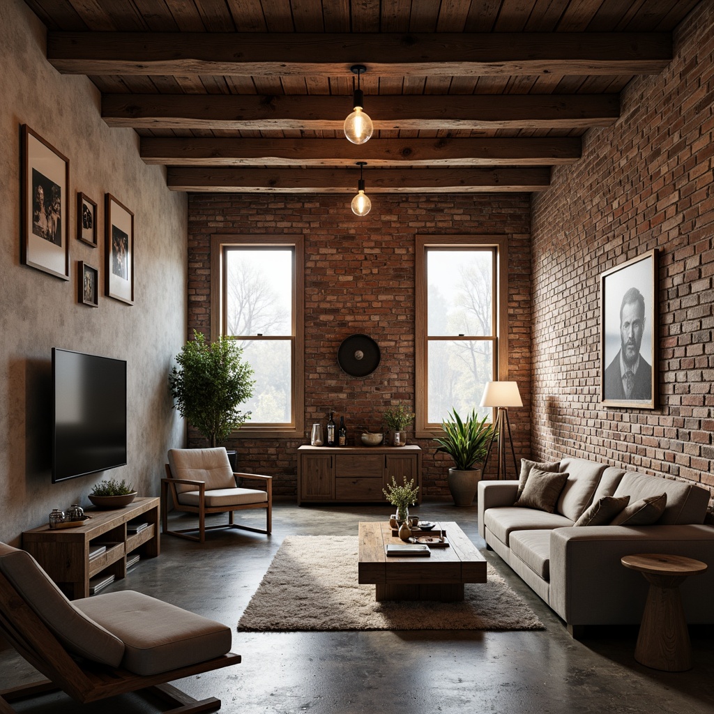 Prompt: Rustic living room, exposed wooden beams, industrial chic decor, distressed brick walls, metal accents, reclaimed wood furniture, Edison bulb lighting, urban loft atmosphere, high ceilings, concrete floors, minimalist color palette, natural textures, soft warm glow, shallow depth of field, 1/1 composition, realistic render, ambient occlusion.