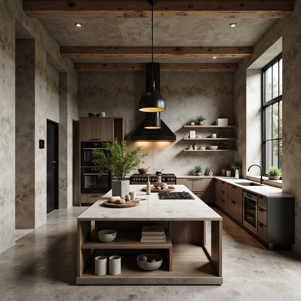 Prompt: Exposed concrete walls, rugged stone countertops, distressed wood cabinets, industrial metal fixtures, matte black appliances, minimalist shelving units, raw unfinished ceilings, poured concrete floors, brutalist kitchen island, chunky ceramic tiles, earthy color palette, warm ambient lighting, shallow depth of field, 3/4 composition, realistic textures, ambient occlusion.