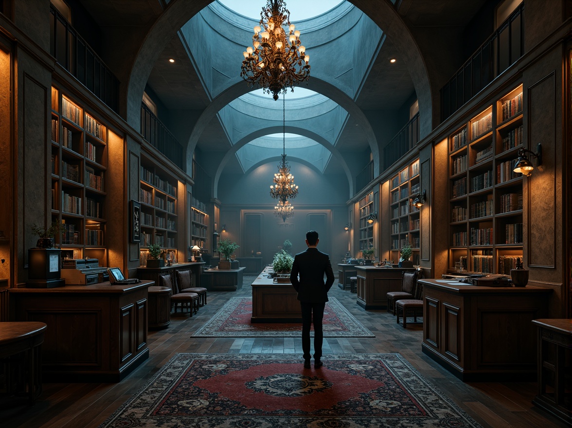 Prompt: Dark academia, mysterious ambiance, grandiose chandeliers, vaulted ceilings, ornate furnishings, rich wood tones, intricate stone carvings, somber color palette, lavish textiles, medieval-inspired patterns, ornamental rugs, polished marble floors, dark-stained hardwood planks, distressed vintage furniture, dramatic lighting effects, mysterious shadows, atmospheric fog, eerie silence.