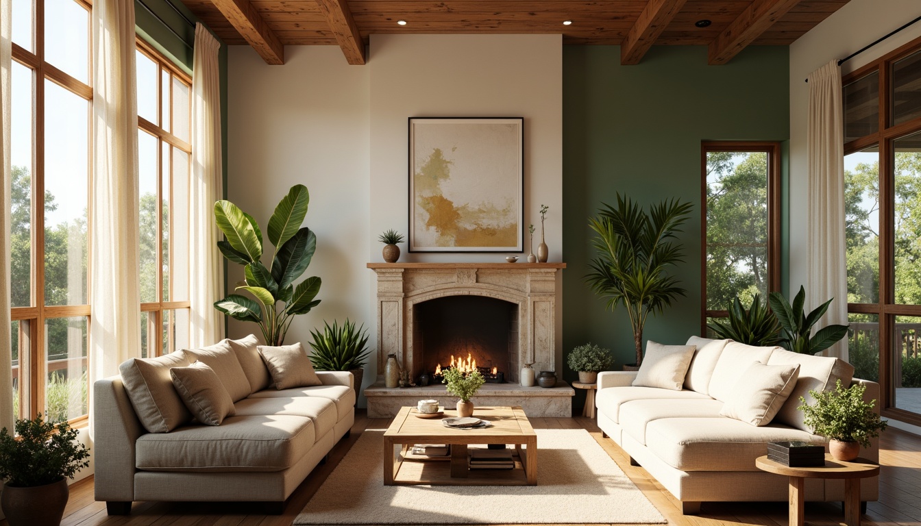 Prompt: Cozy living room, large windows, soft natural light, sheer curtains, warm wooden floors, minimalist decor, potted plants, greenery walls, comfortable sofas, modern coffee table, abstract art pieces, rustic stone fireplace, warm beige colors, sunny afternoon, shallow depth of field, 1/2 composition, realistic textures, ambient occlusion.