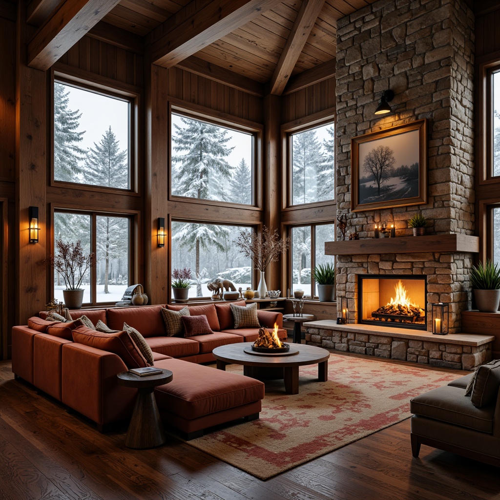 Prompt: Warm great room, stone fireplace, crackling fire sounds, plush sectional sofas, soft velvet pillows, rich wood paneling, large windows, snowy winter day, warm golden lighting, shallow depth of field, 2/3 composition, cozy textiles, rustic wooden accents, natural stone flooring, comfortable reading nooks, aromatic scented candles, crackling wood fire, intimate seating areas, inviting ambiance.