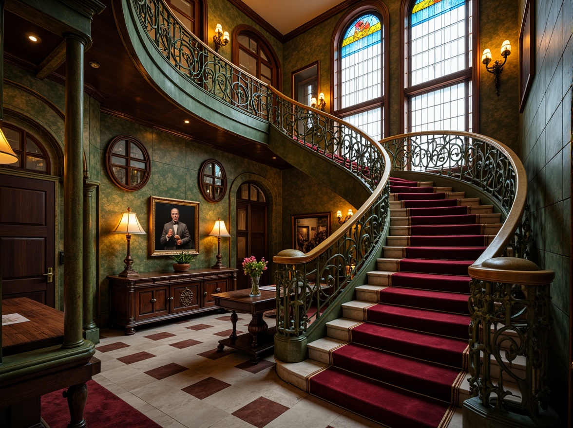 Prompt: Intricate Art Nouveau staircase, ornate railings with flowing organic curves, sinuous metalwork, verdigris patina, golden accents, luxurious velvet upholstery, polished wooden handrails, grand sweeping banisters, ornamental newel posts, stained glass windows, warm soft lighting, shallow depth of field, 1/1 composition, detailed textures, ambient occlusion.