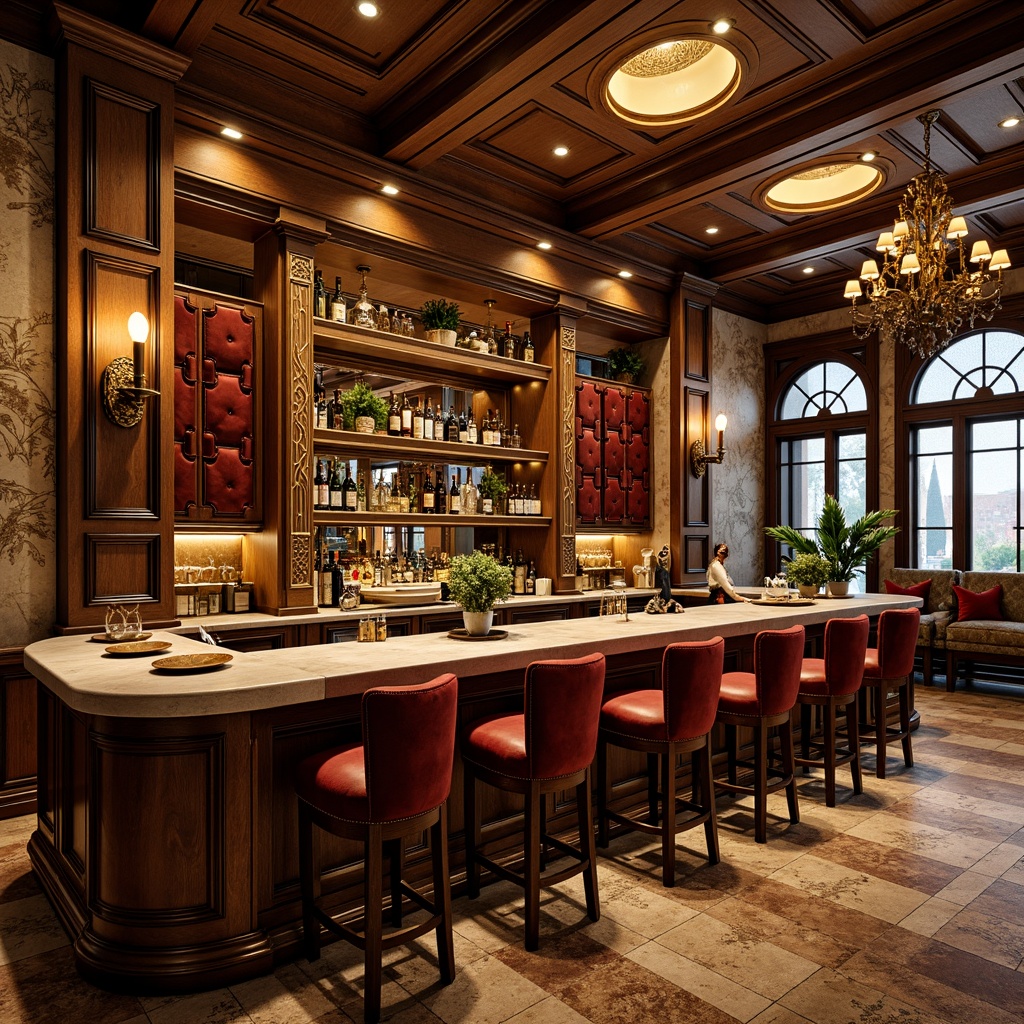 Prompt: Luxurious home bars, ornate wooden cabinets, intricately carved stone countertops, polished metal fixtures, warm golden lighting, rich velvet upholstery, antique furniture pieces, decorative mirrors, lavish chandeliers, Renaissance-inspired architectural details, grandiose columns, arched windows, rustic brick walls, sophisticated color palette, opulent textiles, lavish patterns, 3/4 composition, shallow depth of field, soft warm lighting.