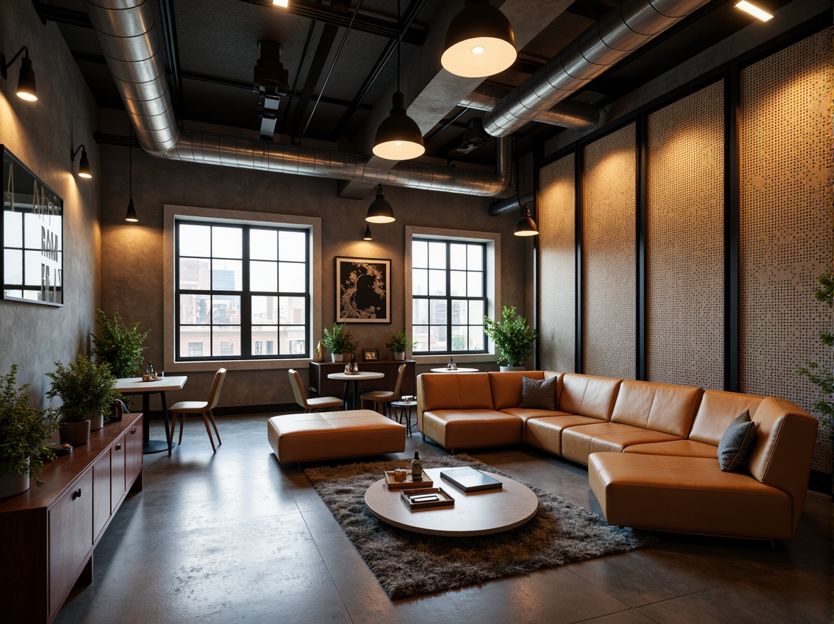 Prompt: Industrial-chic interior, perforated metal accents, sleek modern furniture, urban loft atmosphere, exposed ductwork, polished concrete floors, minimalist decor, metallic sheen, subtle texture contrasts, warm ambient lighting, 1/1 composition, shallow depth of field, realistic reflections, industrial-inspired color palette.