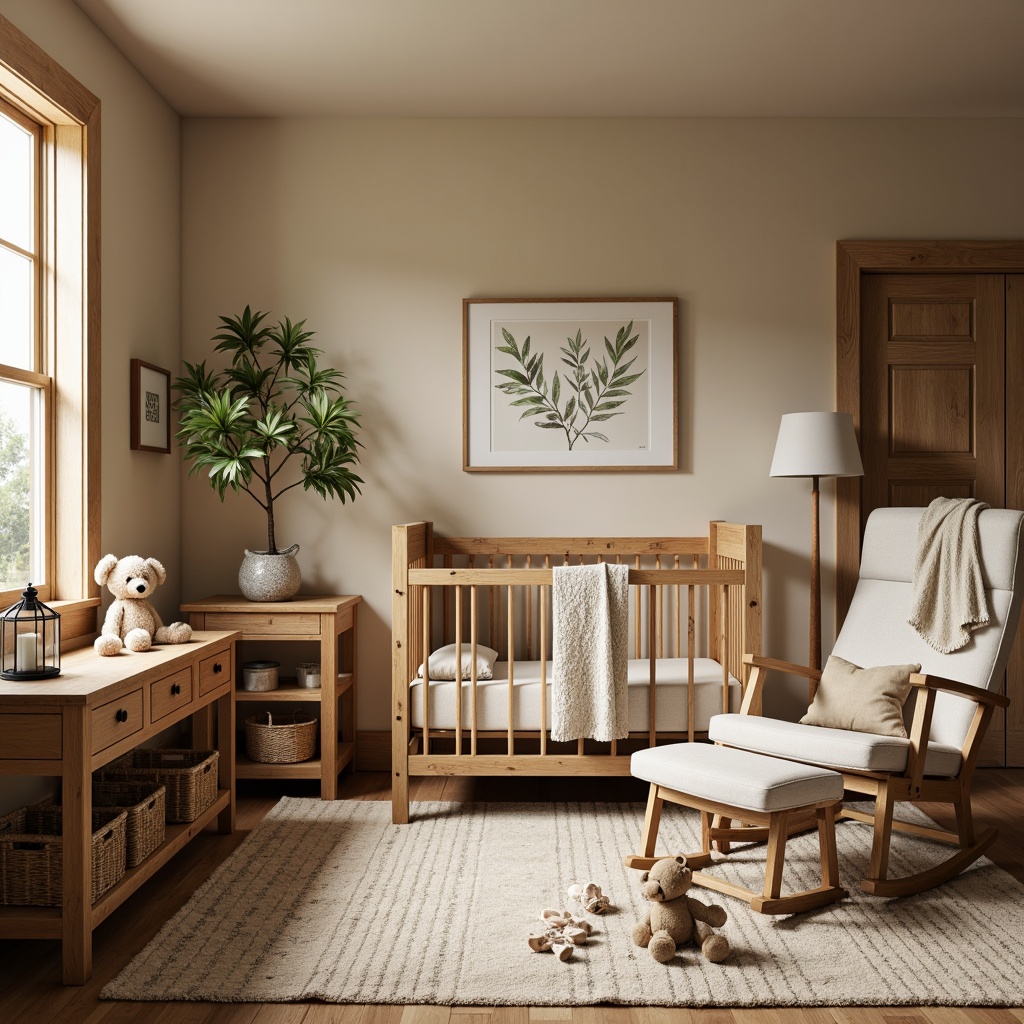 Prompt: Cozy craftsman-style baby nursery, wooden crib, plush toys, soft blankets, warm beige walls, natural wood accents, vintage metal lanterns, woven baskets, comfortable glider rocker, earthy tone fabrics, handcrafted wooden furniture, distressed finishes, rustic decorations, botanical prints, gentle morning light, shallow depth of field, 1/1 composition, realistic textures, ambient occlusion.