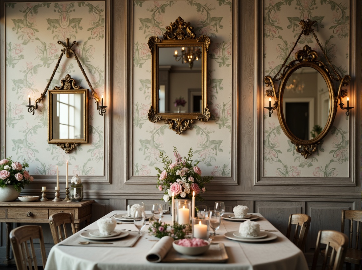 Prompt: Distressed wooden panels, vintage floral wallpaper, soft pastel hues, delicate lace trims, ornate mirrors, rustic wood frames, elegant gold accents, subtle texture overlays, warm candlelight, soft focus blur, 1/1 composition, intimate setting, romantic ambiance, feminine touches, whimsical patterns, faded elegance, worn velvet fabrics.