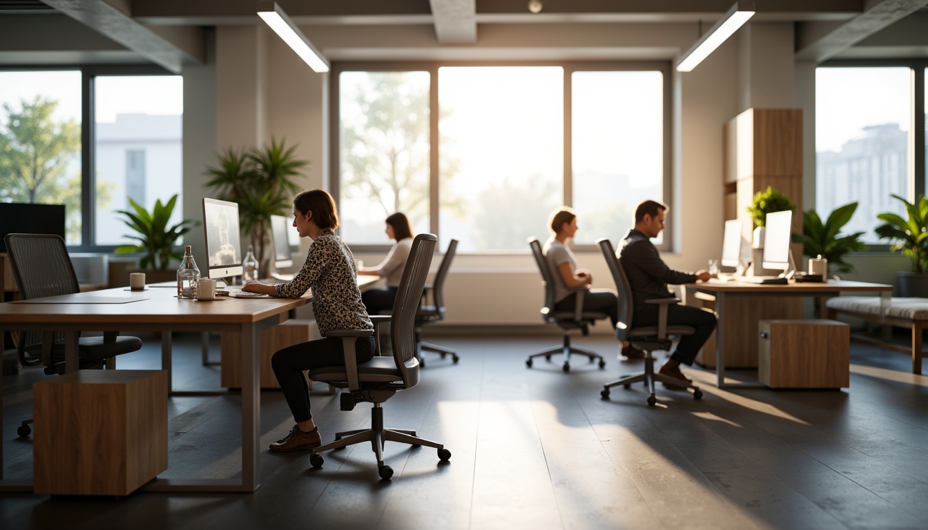 Prompt: Ergonomic office, comfortable seating, adjustable desk heights, breathable mesh chairs, lumbar support cushions, wooden or metal frames, sleek minimalist designs, soft ambient lighting, calm color schemes, peaceful workspace atmosphere, 1/1 composition, shallow depth of field, realistic textures, subtle shadows, morning natural light.