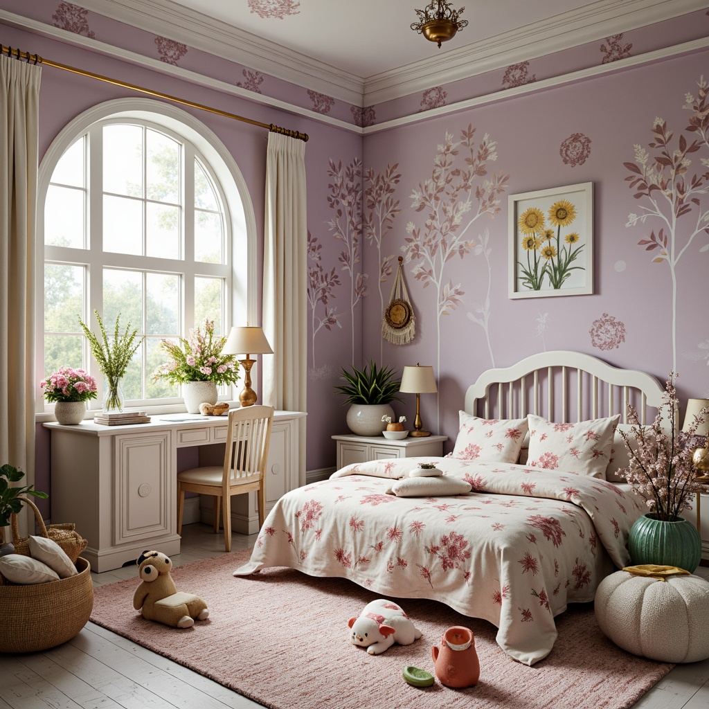 Prompt: Whimsical children's bedroom, Art Nouveau style, intricate floral patterns, soft pastel hues, pale lavender walls, creamy white furniture, golden accents, ornate metalwork, flowing curves, organic shapes, blooming flowers, lush greenery, natural textures, warm ambient lighting, shallow depth of field, 3/4 composition, panoramic view, realistic renderings.