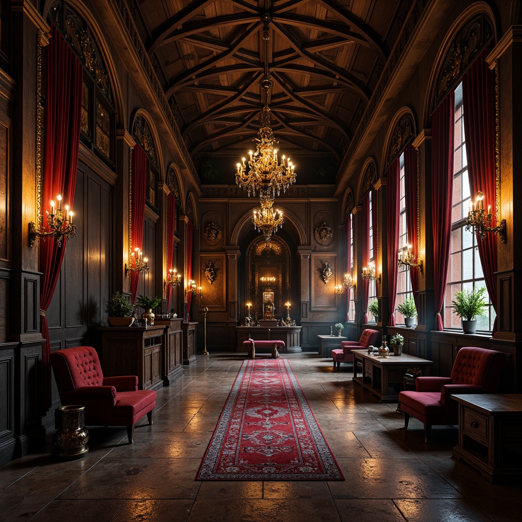 Prompt: Elegant Gothic interior, dark-stained hardwood floors, ornate stone tiles, mysterious ambiance, vaulted ceilings, grand chandeliers, luxurious velvet drapes, richly patterned rugs, mystical symbols, intricate carvings, medieval-inspired furniture, warm candlelight, dramatic shadows, high-contrast lighting, cinematic atmosphere, imposing archways, lavish textiles, regal colors.