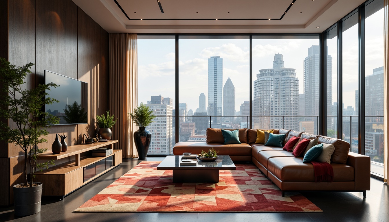 Prompt: Luxurious modern living room, sleek low-profile furniture, smooth leather sofas, vibrant colorful throw pillows, geometric patterned rugs, metallic accent walls, floor-to-ceiling windows, natural light pouring in, urban cityscape views, subtle ambient lighting, 1/1 composition, realistic textures, soft focus effect; incorporating textiles