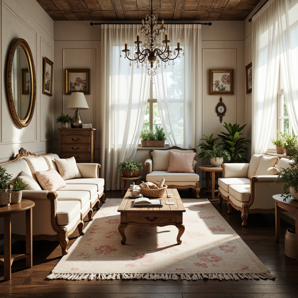 Prompt: Distressed vintage furniture, soft pastel hues, delicate lace fabrics, ornate gold frames, distressed wood textures, plush area rugs, feminine accents, rustic wooden tables, decorative mirrors, crystal chandeliers, luxurious velvet upholstery, antique accessories, floral patterns, natural light pouring in, sheer curtains, 3/4 composition, warm intimate atmosphere, soft focus, subtle color palette.