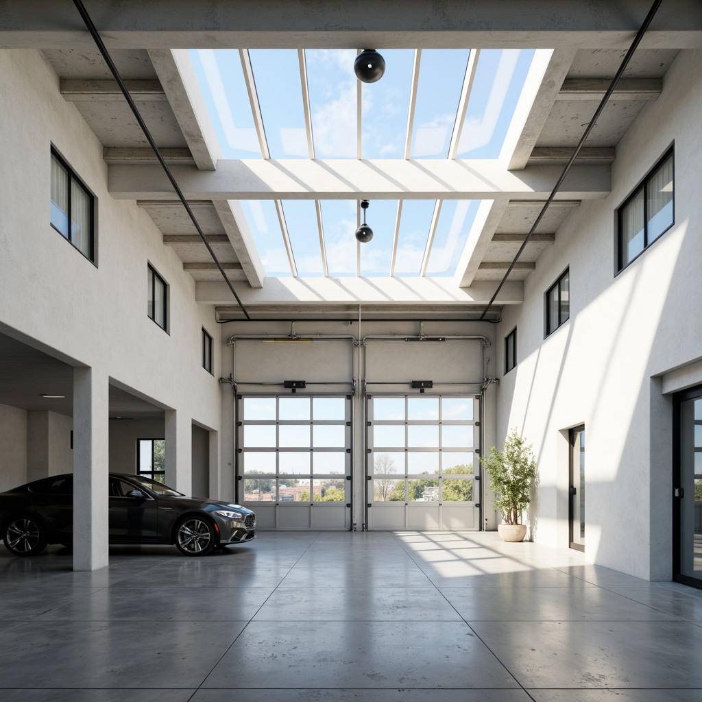 Prompt: Well-lit garage interior, abundant natural light, skylights above, clerestory windows, translucent roofing, reflective white walls, polished concrete floors, modern minimalist decor, industrial chic ambiance, overhead doors with glass panels, transparent aluminum frames, diffused soft lighting, shallow depth of field, 1/1 composition, realistic textures, ambient occlusion.