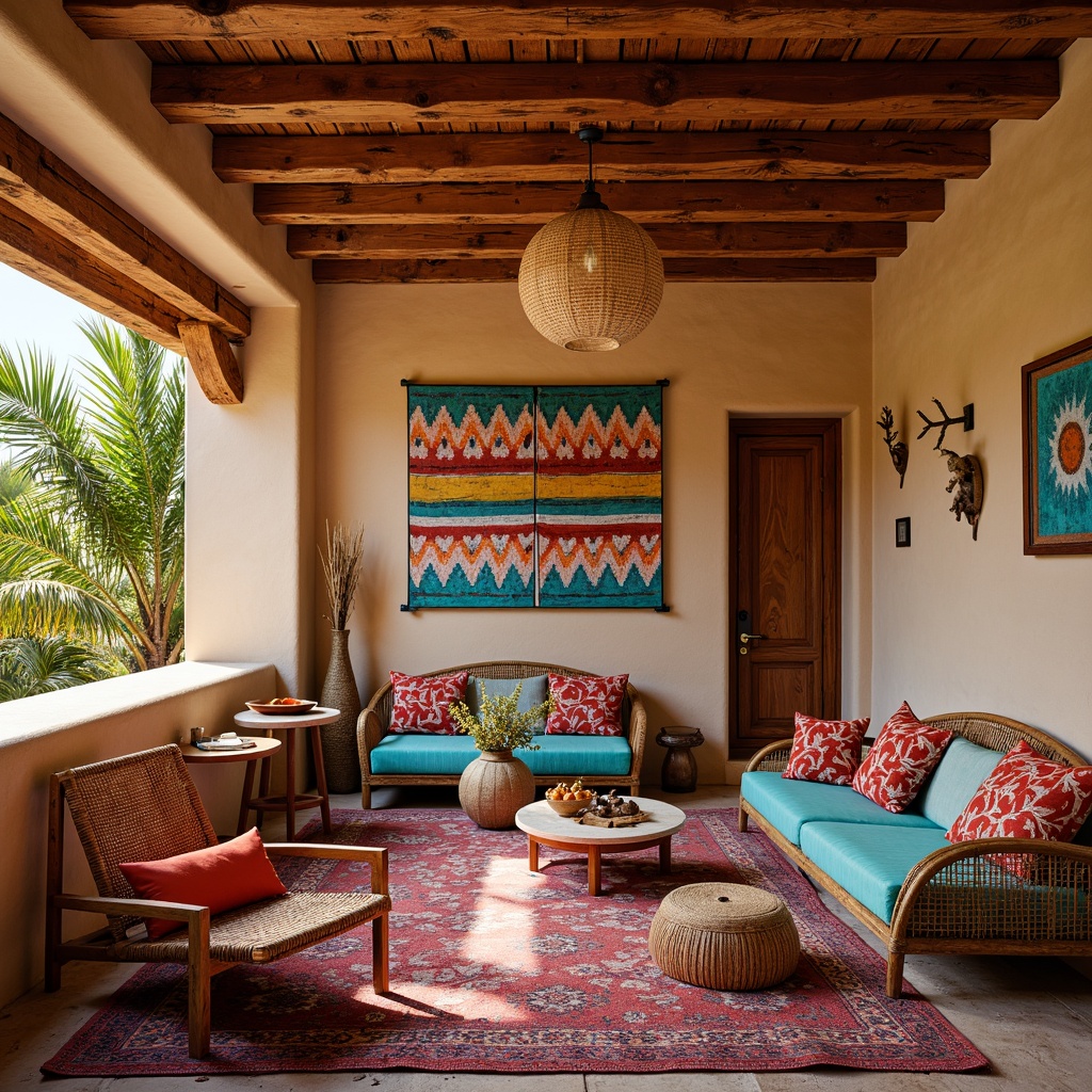 Prompt: Vibrant Southwestern-style interior, rich cultural heritage, bold colorful textiles, geometric patterns, tribal-inspired motifs, woven baskets, natural fibers, earthy tones, warm beige walls, wooden accents, rustic furniture, plush throw pillows, vibrant turquoise, sunny yellow, deep crimson, soft ambient lighting, shallow depth of field, 3/4 composition, realistic textures, ambient occlusion.