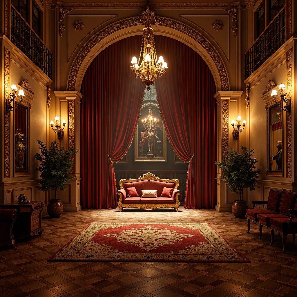 Prompt: Renaissance-inspired cinema, ornate wooden flooring, polished marble surfaces, intricate mosaic patterns, warm golden lighting, lavish velvet curtains, regal throne-like seating, ornamental metalwork, grandiose chandeliers, luxurious carpeting, richly textured rugs, vintage film equipment, nostalgic cinematic props, soft focus, warm color palette, shallow depth of field, 1/2 composition, atmospheric lighting, realistic reflections.