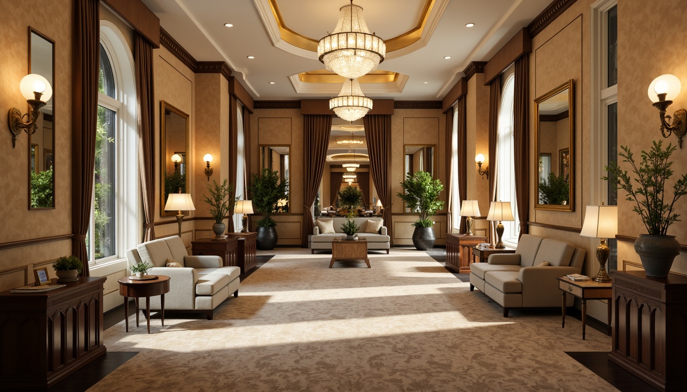 Prompt: Elegant hall interior, luxurious chandeliers, rich wood paneling, cream-colored walls, velvety soft carpets, ornate mirrors, sophisticated furniture, metallic accents, ambient warm lighting, creamy whites, deep charcoals, earthy browns, rich emerald greens, bold navy blues, subtle golden yellows, neutral beige tones, 1/1 composition, shallow depth of field, realistic textures, atmospheric perspective.