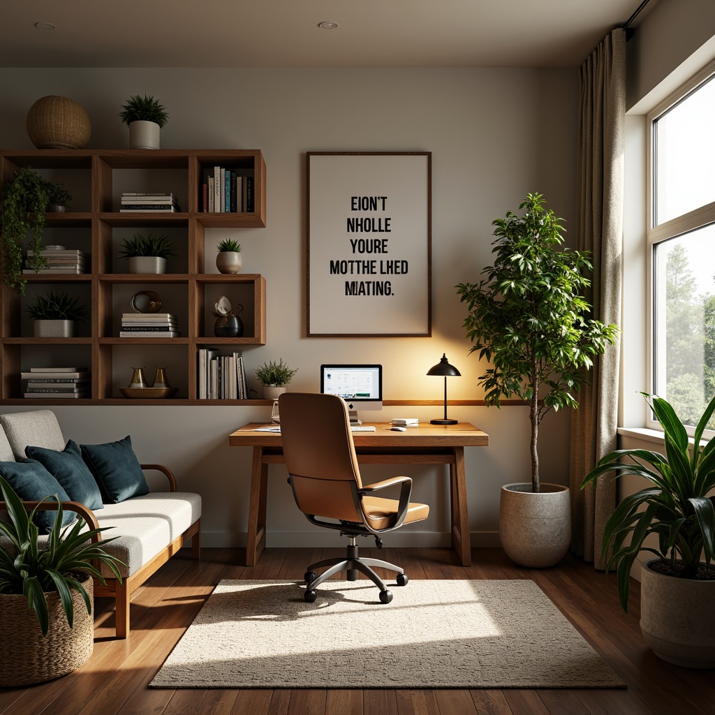 Prompt: Cozy home office, wooden desk, ergonomic chair, built-in shelving, green plants, calm ambiance, natural light, soft warm glow, minimal decor, organized storage, inspirational quotes, motivational artwork, comfortable rug, acoustic panels, noise-reducing materials, adjustable lighting, task-oriented furniture, 3/4 composition, shallow depth of field, panoramic view, realistic textures, ambient occlusion.