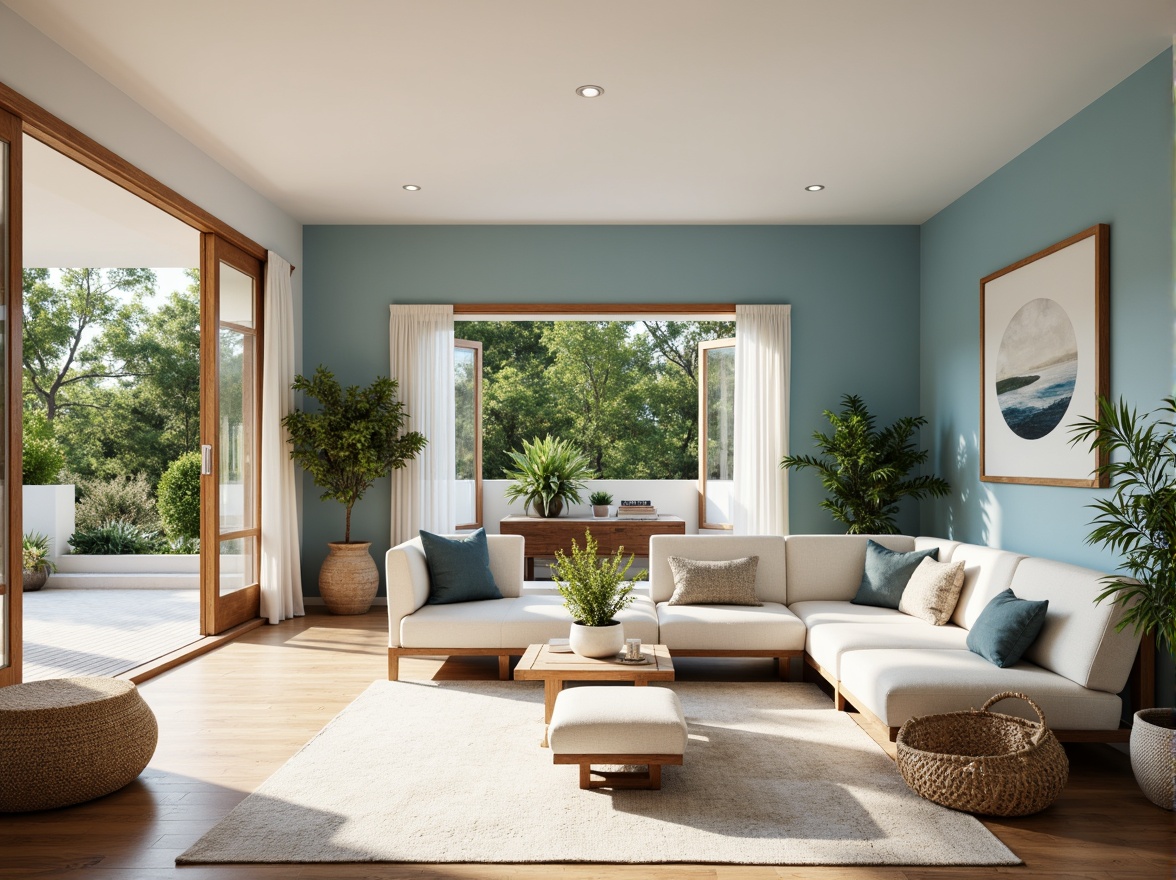 Prompt: Light blue accent walls, creamy white trim, walnut wood furniture, rounded edges, organic shapes, natural textiles, linen upholstery, woven baskets, potted plants, geometric patterns, abstract artwork, soft warm lighting, shallow depth of field, 1/2 composition, atmospheric perspective, realistic renderings, ambient occlusion, mid-century modern architecture, spacious open-plan living areas, large windows, sliding glass doors, lush green outdoor spaces, sunny afternoon, gentle breeze.