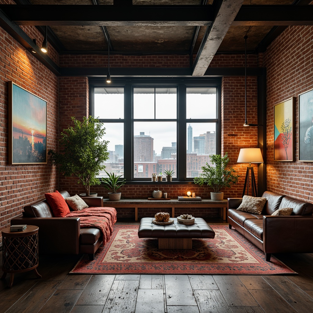 Prompt: Exposed brick walls, metal beams, reclaimed wood floors, industrial chic decor, vintage manufacturing equipment, distressed leather sofas, rustic metal lighting fixtures, urban cityscape views, gritty concrete textures, edgy modern art pieces, bold colorful accents, plush area rugs, velvety soft throw blankets, woven natural fiber upholstery, intricate embroidered patterns, abstract geometric prints, luxurious faux fur textiles, statement piece furniture, moody atmospheric lighting, cinematic low-angle shots, 3/4 composition, realistic ambient occlusion.