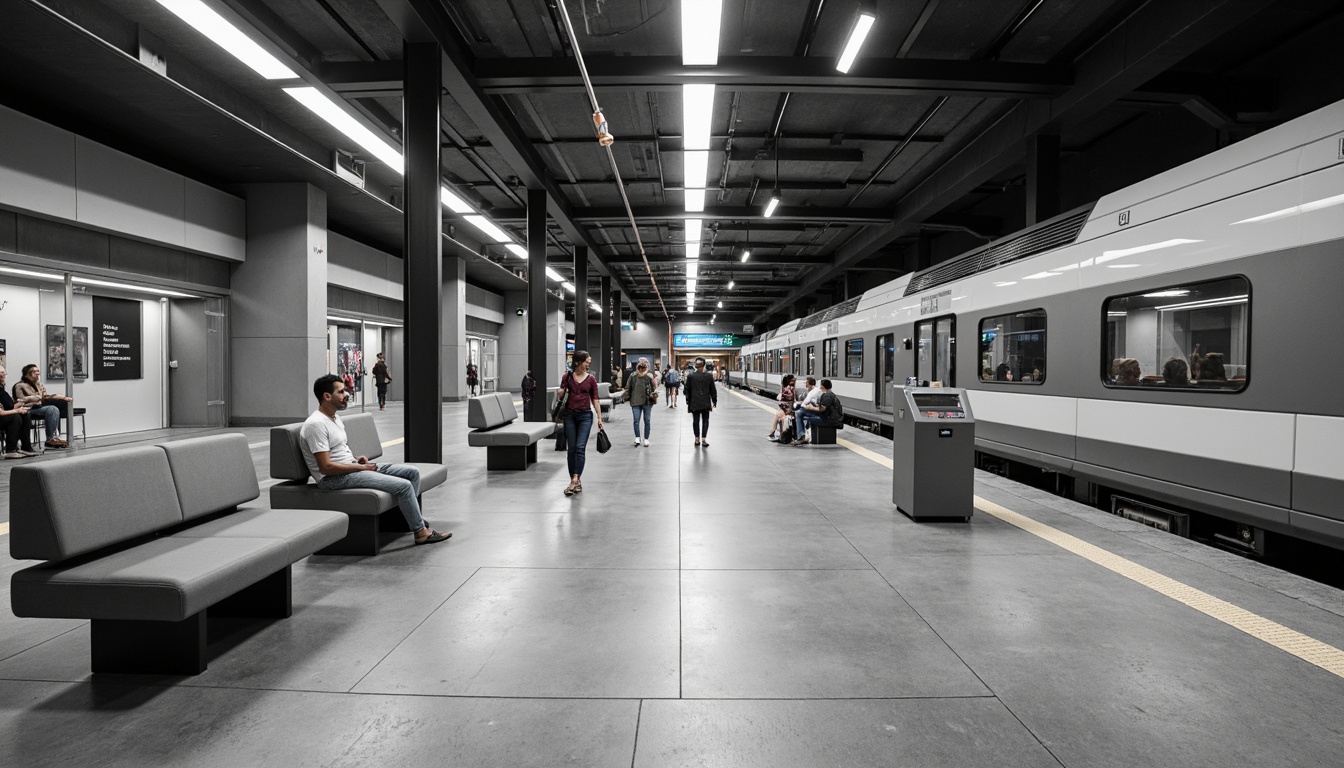 Prompt: Sleek train station, modern minimalist architecture, clean lines, monochromatic color scheme, polished concrete floors, industrial-style steel beams, subtle LED lighting, spacious waiting areas, ergonomic benches, simple signage, natural stone accents, matte finish metal panels, acoustic ceiling tiles, urban atmosphere, busy travelers, soft focus, shallow depth of field, 1/1 composition, realistic textures, ambient occlusion.