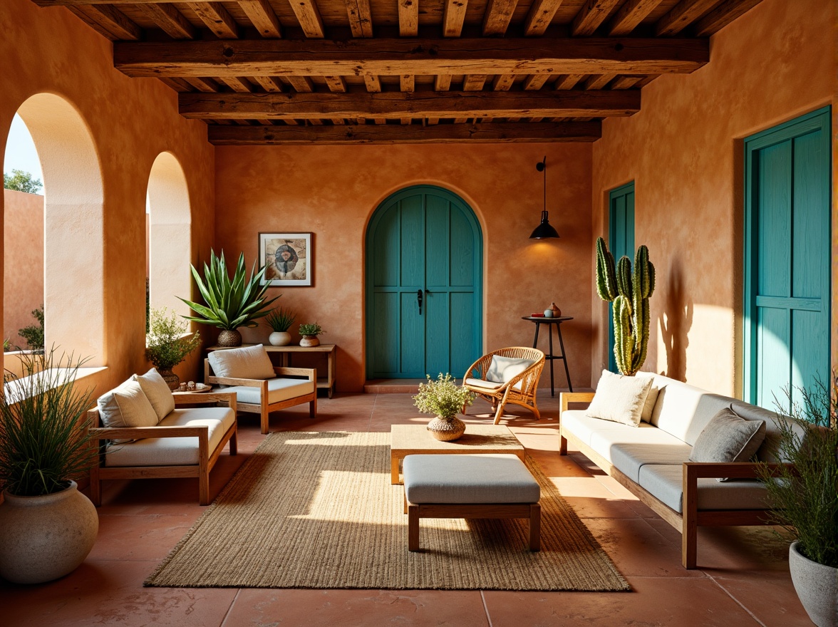 Prompt: Earthy adobe walls, rustic wooden beams, vibrant turquoise accents, warm terracotta floors, natural linen upholstery, woven jute rugs, distressed leather furniture, desert botanicals, cacti silhouettes, warm golden lighting, shallow depth of field, 1/1 composition, realistic textures, ambient occlusion.