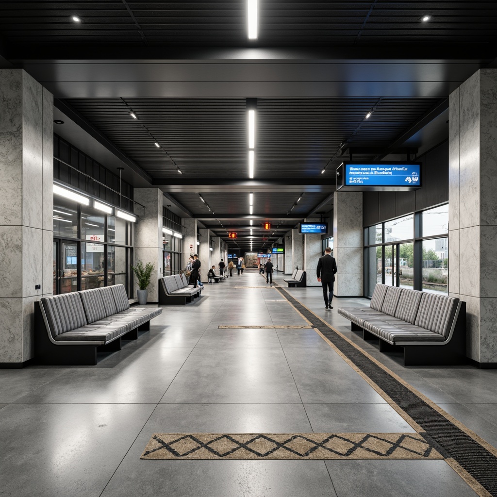 Prompt: Minimalist train station, sleek metal benches, modern ergonomic seating, industrial-style lighting fixtures, polished concrete floors, geometric patterned rugs, stainless steel handrails, futuristic LED signage, spacious open areas, natural stone accents, subtle color schemes, soft ambient lighting, shallow depth of field, 3/4 composition, panoramic view, realistic textures, ambient occlusion.