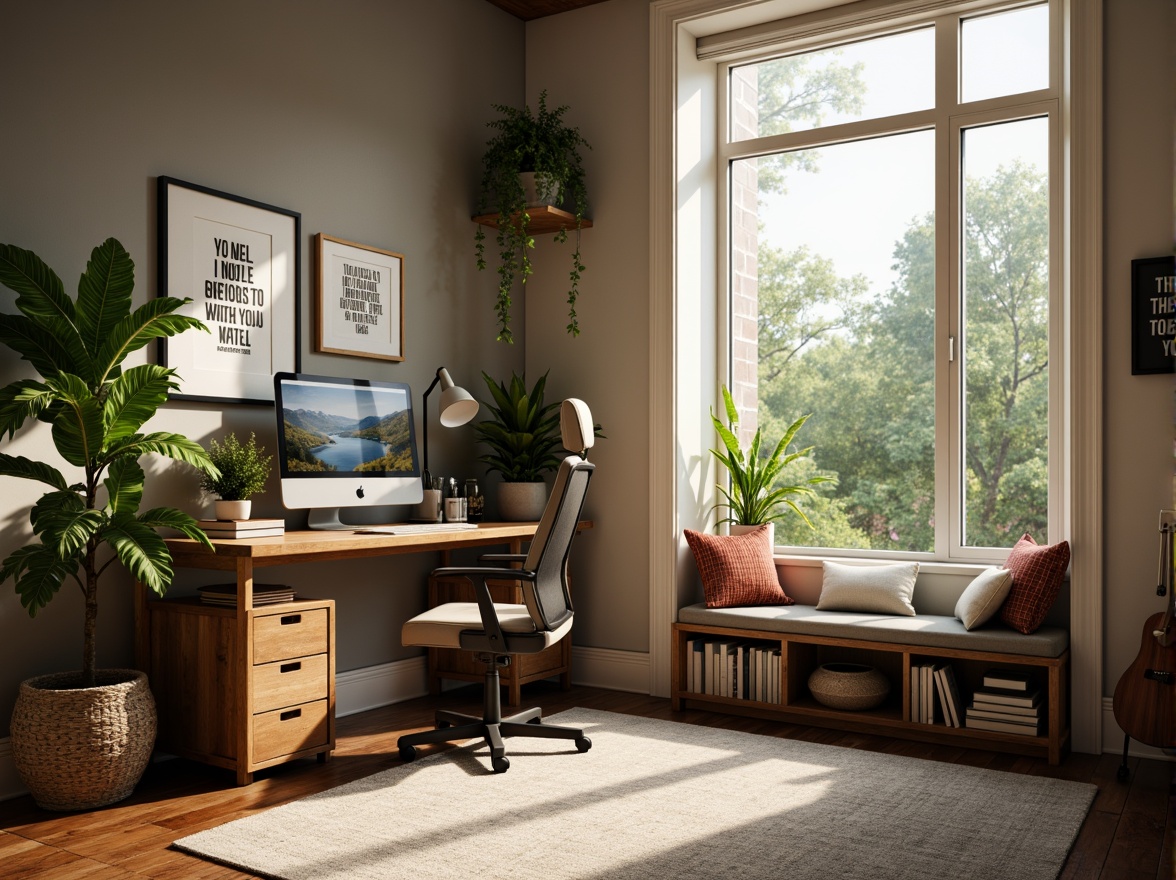 Prompt: Cozy home office, wooden desk, ergonomic chair, plenty of natural light, green plants, motivational quotes, inspirational artwork, organized shelving units, comfortable reading nook, soft warm lighting, shallow depth of field, 3/4 composition, realistic textures, ambient occlusion, calm atmosphere, minimalist decor, functional storage solutions, adjustable monitor arms, noise-cancelling headphones, high-speed internet connection, coffee station, aromatherapy diffuser.