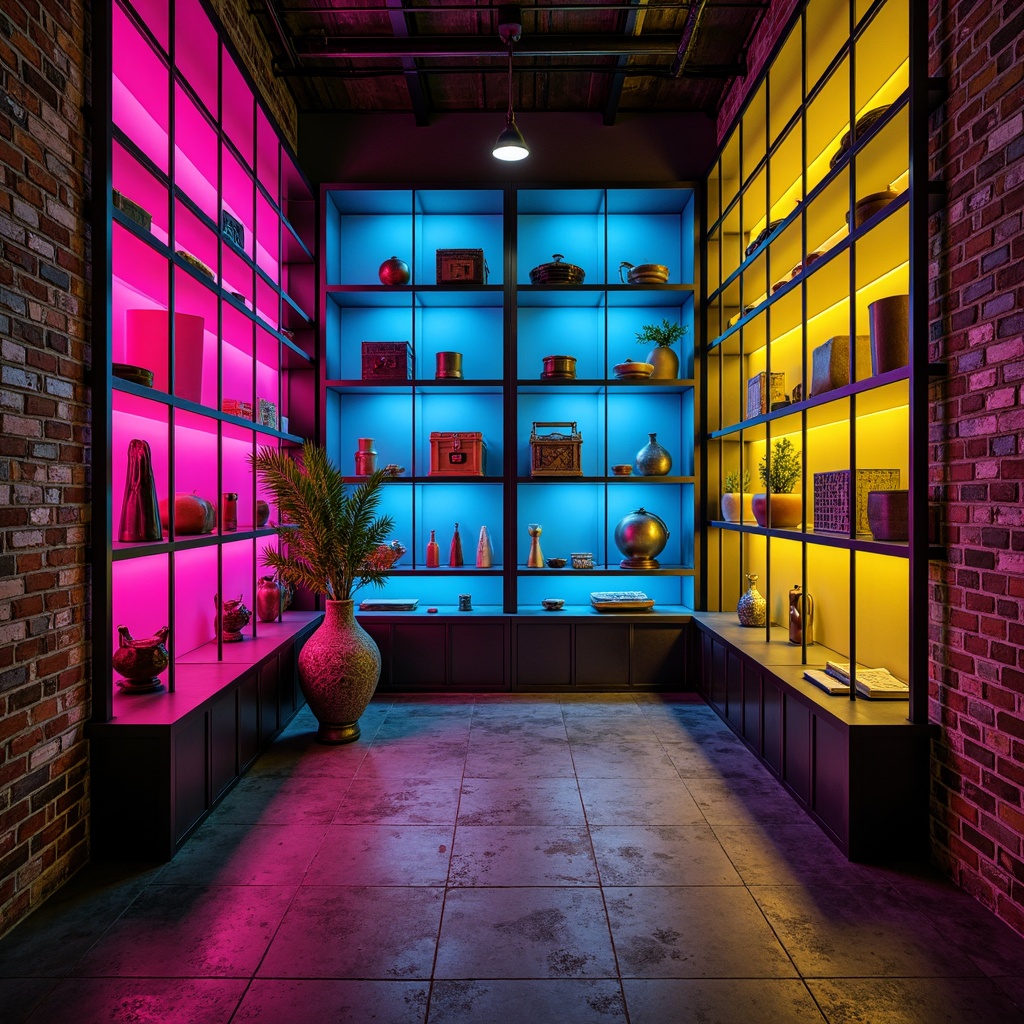 Prompt: Vibrant storage rooms, eclectic color palette, bold contrasting hues, neon pink accents, electric blue shelves, sunshine yellow crates, matte black metal frames, distressed wood textures, exposed brick walls, industrial chic decor, retro-futuristic ambiance, moody dramatic lighting, low-key shadows, cinematic composition, gritty urban feel, avant-garde style, abstract art pieces, graffiti-inspired murals.