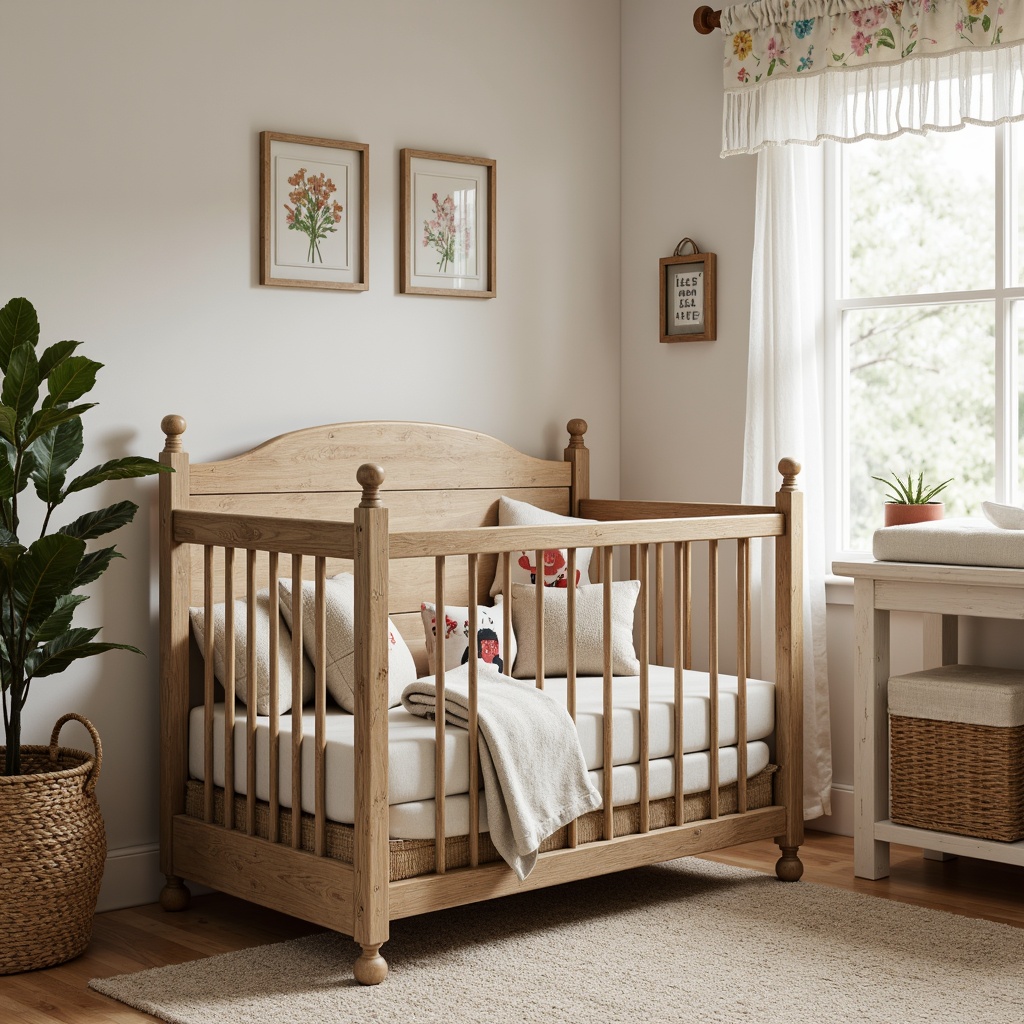 Prompt: Rustic wooden crib, vintage metal frame, soft pastel colors, distressed finishes, natural textiles, plush area rug, woven basket storage, reclaimed wood changing table, antique-inspired decor, floral patterns, ruffled curtains, warm cozy lighting, shallow depth of field, 1/1 composition, intimate atmosphere, realistic wood textures, ambient occlusion.