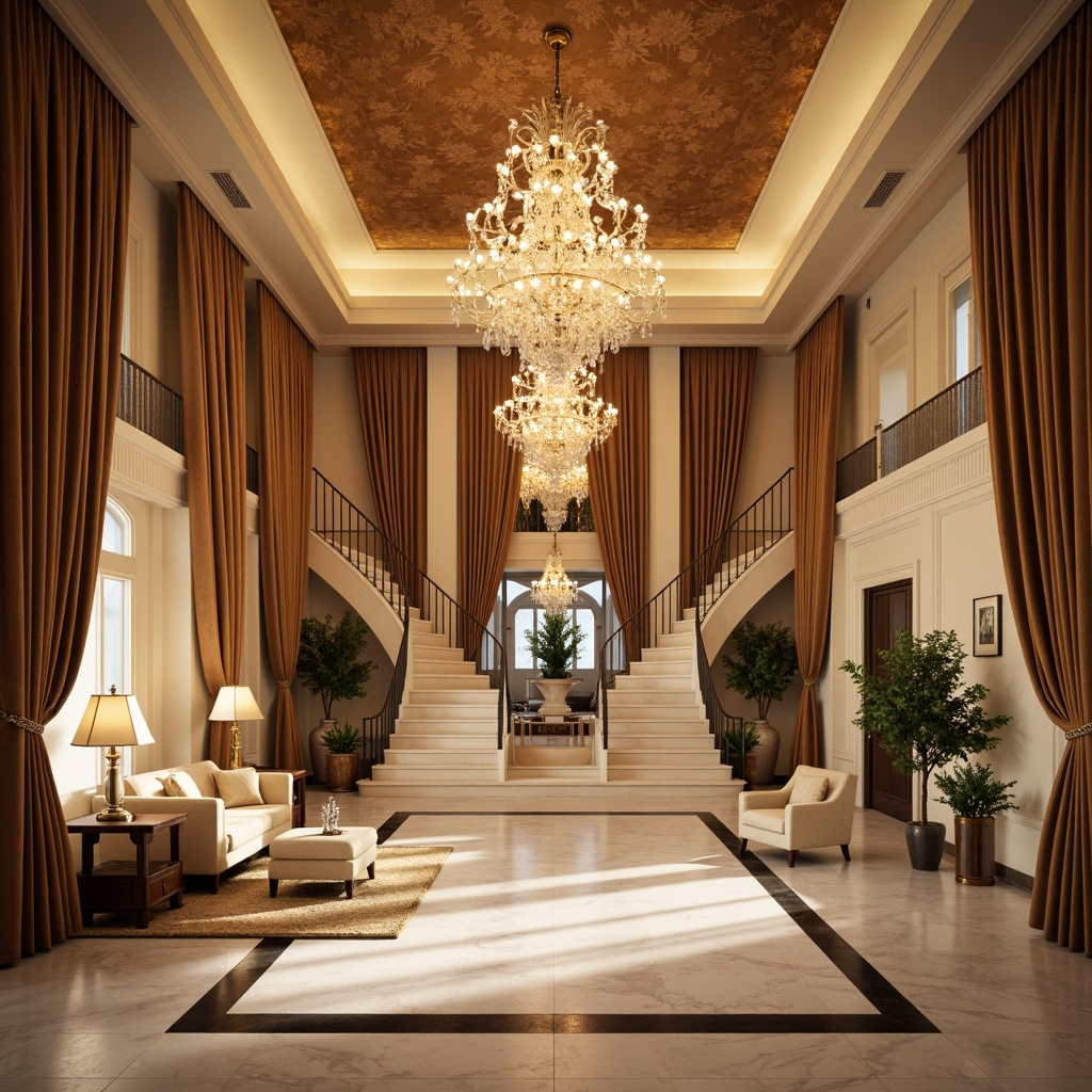 Prompt: Luxurious hall, grand chandelier, rich velvet drapes, warm beige walls, polished marble floors, ornate gold accents, elegant staircases, lavish furniture upholstery, soft cream carpets, dramatic ceiling heights, majestic archways, refined classic architecture, sophisticated neutral tones, warm golden lighting, shallow depth of field, 2/3 composition, realistic textures, ambient occlusion.