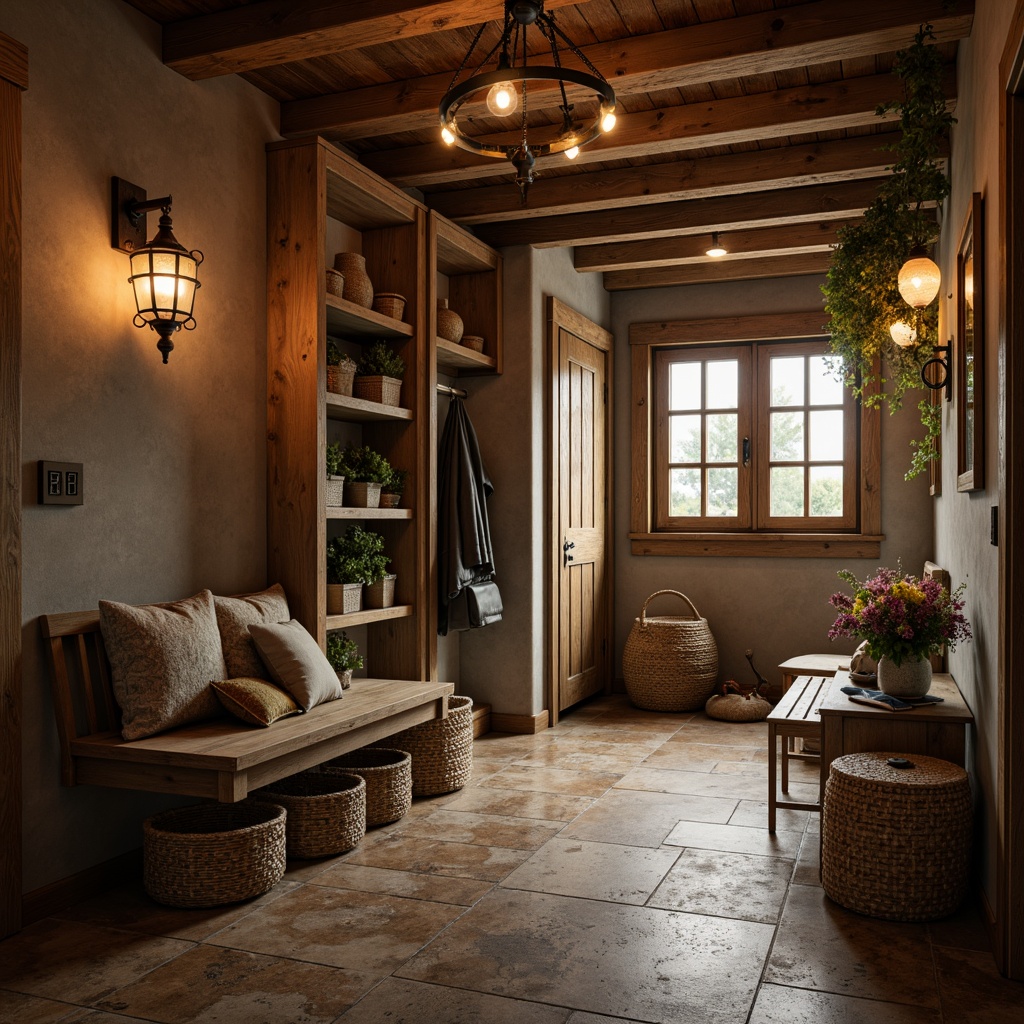 Prompt: Cozy mudroom, rustic wooden bench, woven baskets, natural stone floor, earthy color palette, warm ambient lighting, industrial metal lanterns, exposed bulbs, pendant lights, rustic metal shades, soft diffused light, layered lighting, 3/4 composition, shallow depth of field, realistic textures, ambient occlusion.