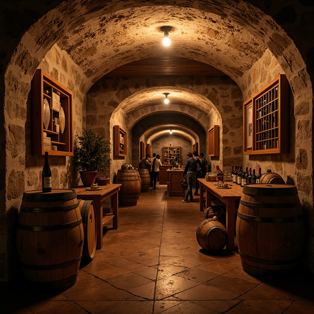 Prompt: Wine cellar interior, rustic stone walls, arched ceiling, warm dim lighting, ornate wooden wine racks, old world charm, earthy tones, rough-hewn plaster texture, distressed finishes, vintage wine barrels, rich wood accents, soft golden light, shallow depth of field, 1/1 composition, realistic ambient occlusion, atmospheric misting effect.