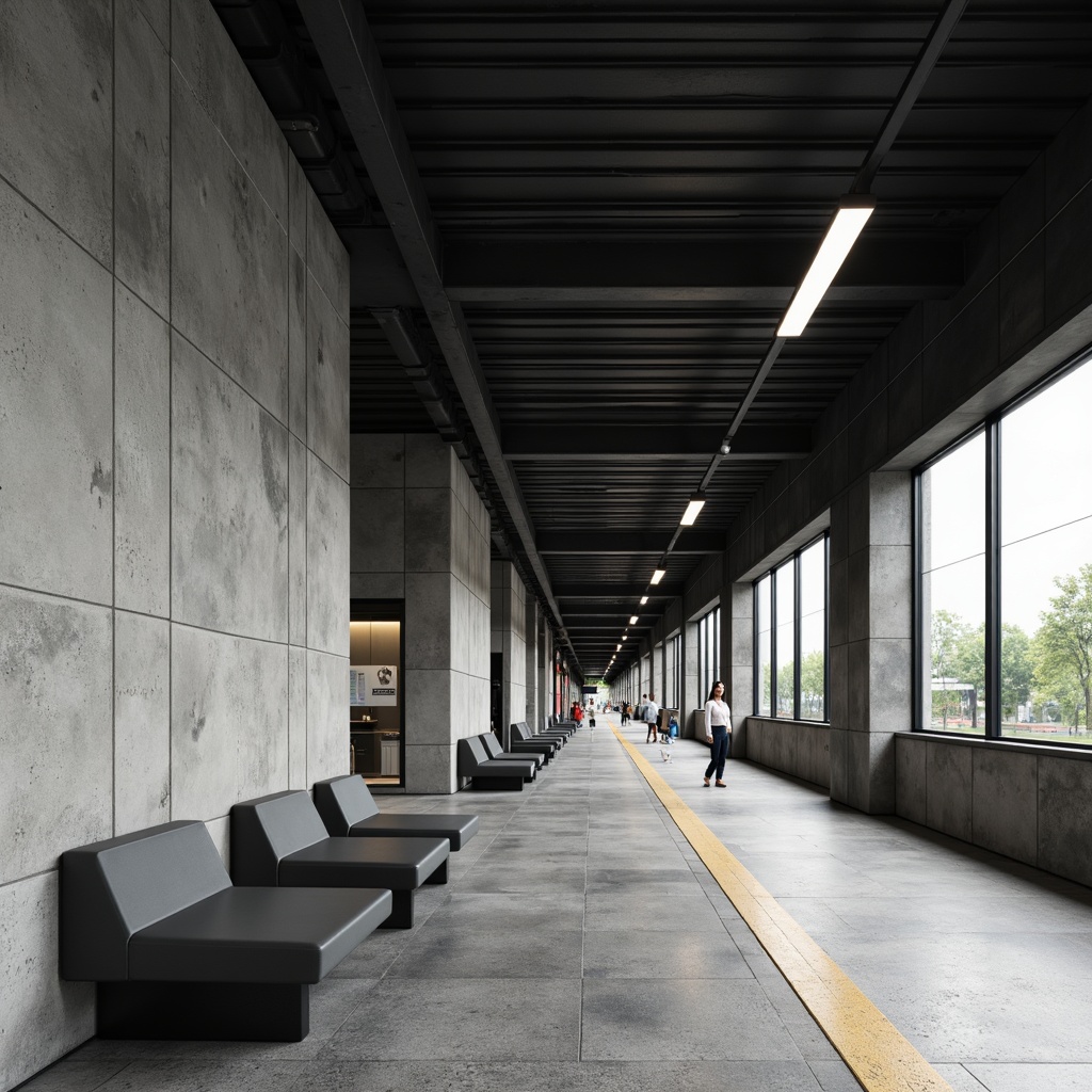 Prompt: Modern train station interior, minimalist wall finishes, clean lines, monochromatic color scheme, industrial materials, concrete walls, steel beams, glass partitions, sleek benches, subtle branding elements, ambient lighting, soft shadows, shallow depth of field, 1/1 composition, realistic textures, ambient occlusion.