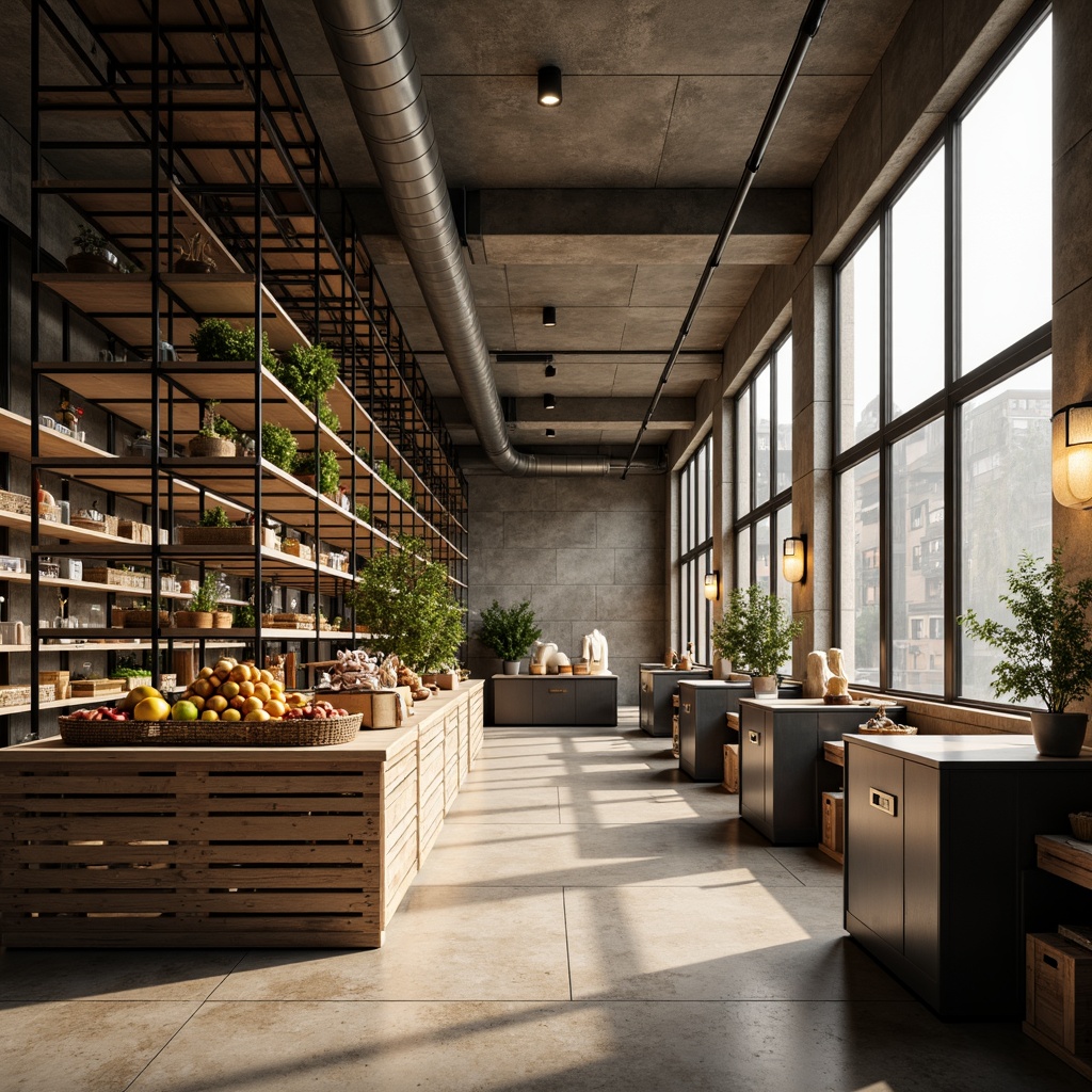 Prompt: Clean lines, minimal shelving, industrial metal racks, soft warm lighting, high ceiling, concrete floor, natural stone walls, large windows, diffused daylight, subtle shadows, warm color palette, ambient Occlusion, 3/4 composition, realistic textures, softbox lights, LED strips, track lighting, display cases, fresh produce stands, modern refrigeration units, wooden crates, industrial pipes, urban loft atmosphere, morning light, gentle glow.