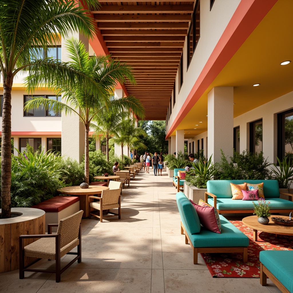 Prompt: Vibrant student lounge, warm wood accents, lush greenery, exotic palm trees, bright coral walls, turquoise furniture, sunny yellow decor, creamy white columns, natural stone floors, woven bamboo textures, rattan chairs, colorful tiki torches, tropical flower patterns, soft warm lighting, shallow depth of field, 3/4 composition, relaxed atmosphere.