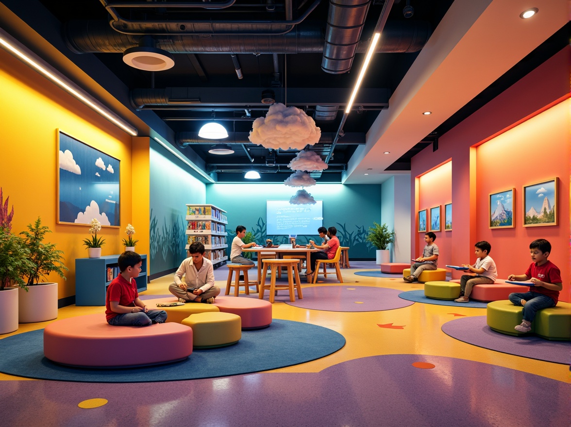 Prompt: Vibrant kids' zone, educational decorations, colorful furniture, interactive exhibits, playful ambient lighting, soft warm glow, natural daylight, floor lamps, table lamps, adjustable brightness, energy-efficient LED lights, whimsical cloud-shaped fixtures, futuristic pendant lights, cozy reading nooks, flexible track lighting, stimulating color schemes, imaginative textures, engaging 3D visuals, shallow depth of field, 1/2 composition, realistic renderings, ambient occlusion.