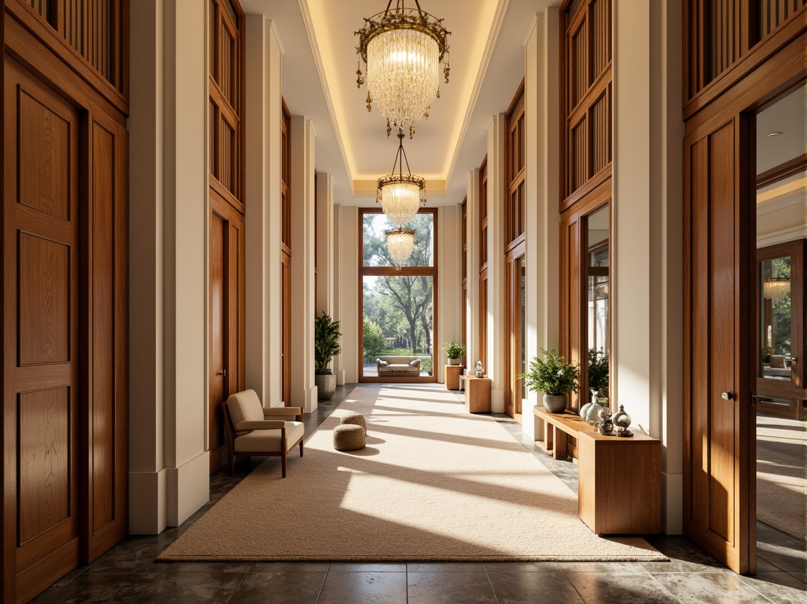 Prompt: Elegant hallway, rich wood tones, luxurious carpets, cream-colored walls, golden accents, ornate chandeliers, spacious high ceilings, modern minimalist furniture, natural stone flooring, earthy brown colors, soft warm lighting, shallow depth of field, 1/1 composition, realistic textures, ambient occlusion.