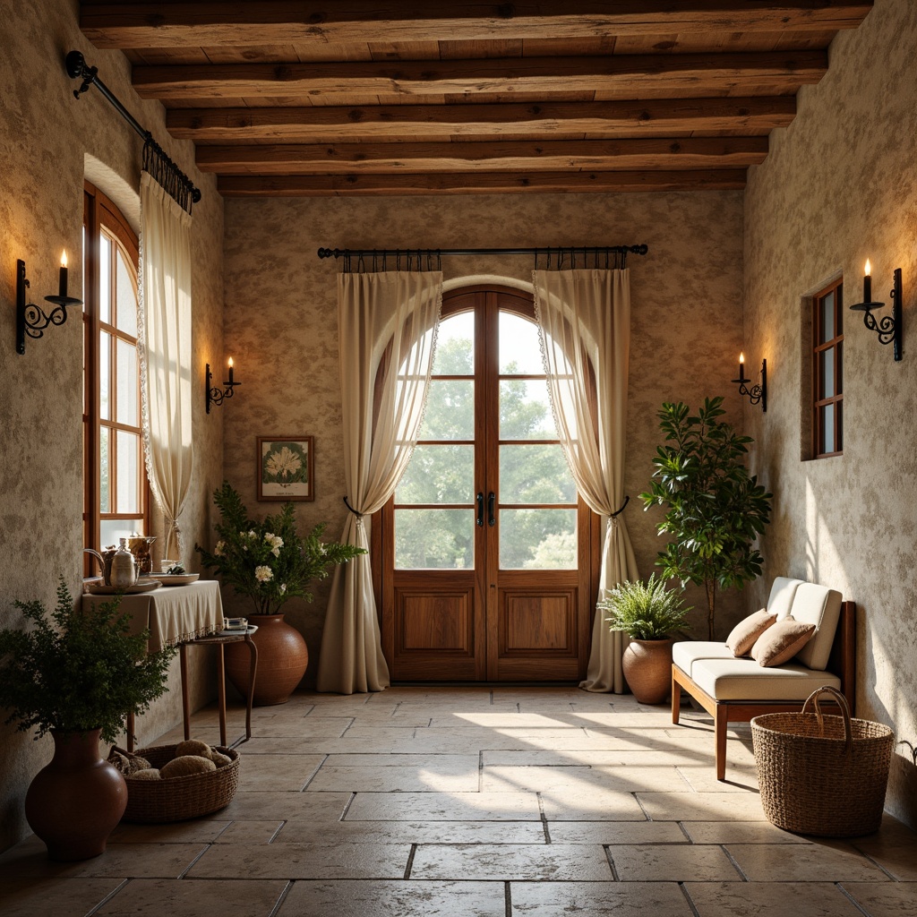 Prompt: Rustic stone walls, distressed wood panels, soft warm beige tones, elegant arched windows, ornate ironwork, vintage shutters, classic French doors, delicate lace curtains, charming florals, woven baskets, natural linen fabrics, earthy terracotta pots, lush greenery, soft candlelight, warm golden lighting, shallow depth of field, 1/1 composition, intimate atmosphere, realistic textures.